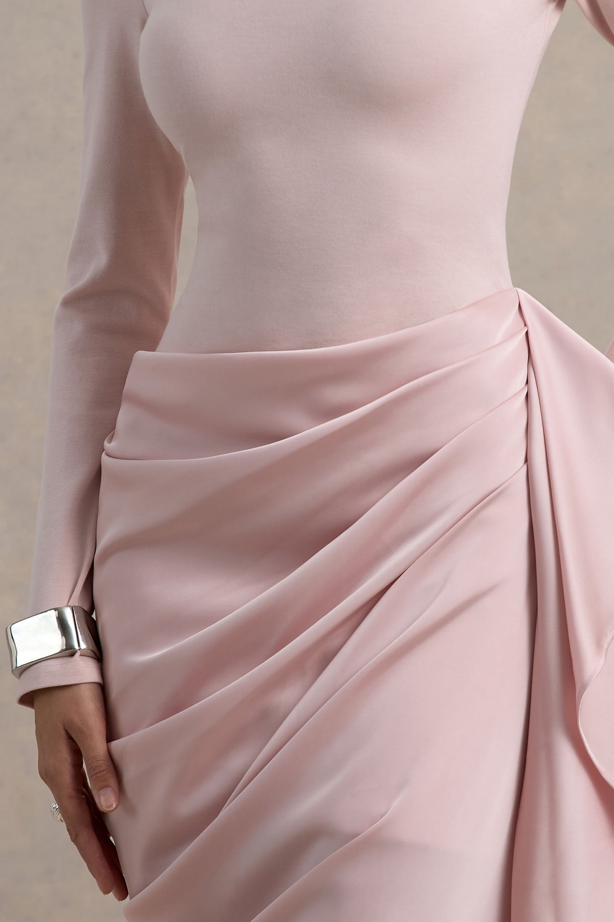 Raffie | Pink Long-Sleeve Midi Dress with Satin Wrap Skirt - UK 16 Pink Raffie | Pink Long-Sleeve Midi Dress with Satin Wrap Skirt - UK 16 Pink
