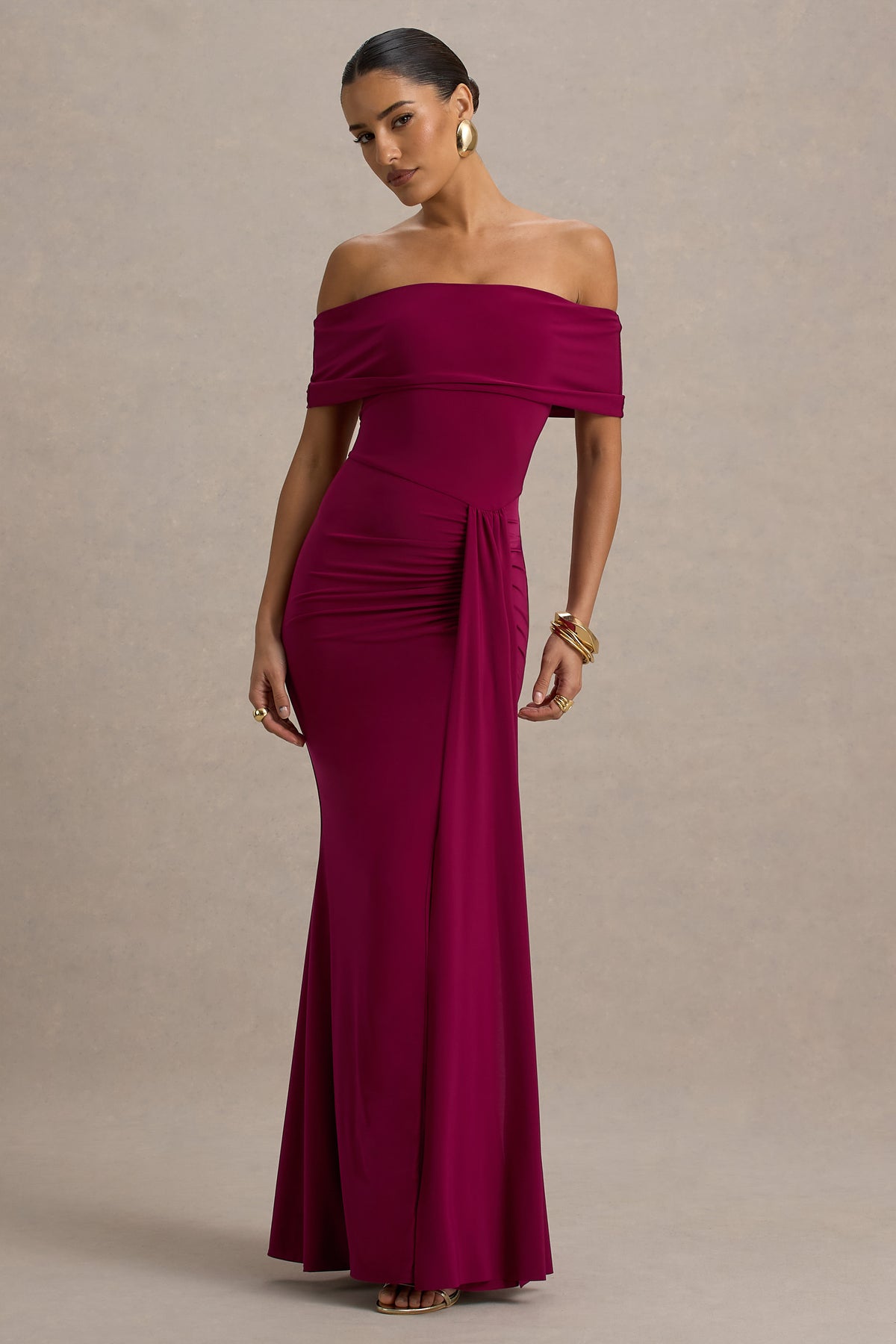 Delma Burgundy Bardot Maxi Dress With Drape Detail Club L London - UK Delma Burgundy Bardot Maxi Dress With Drape Detail Club L London - UK