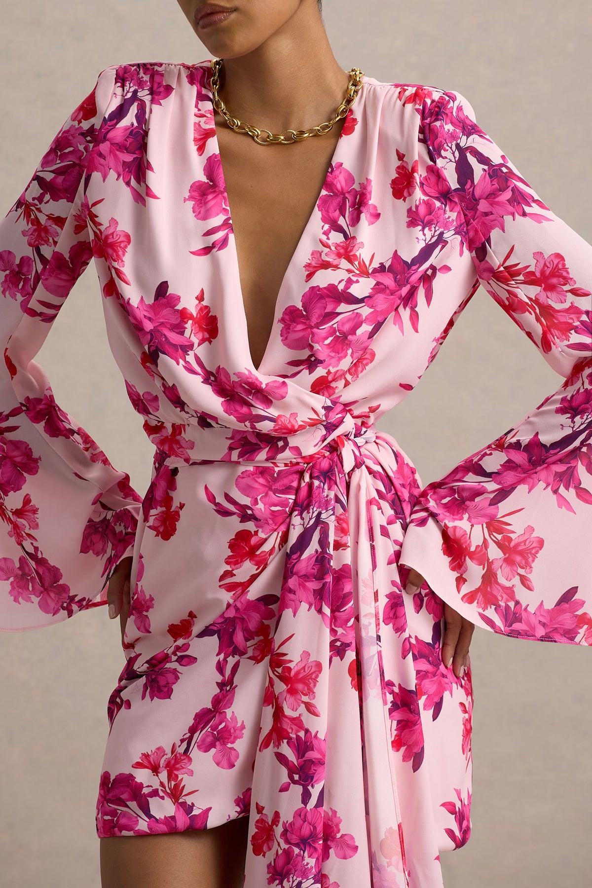 strapless open back dress Goldie Pink Floral Print Chiffon Long-Sleeve Wrap Mini Dress – Club L  London