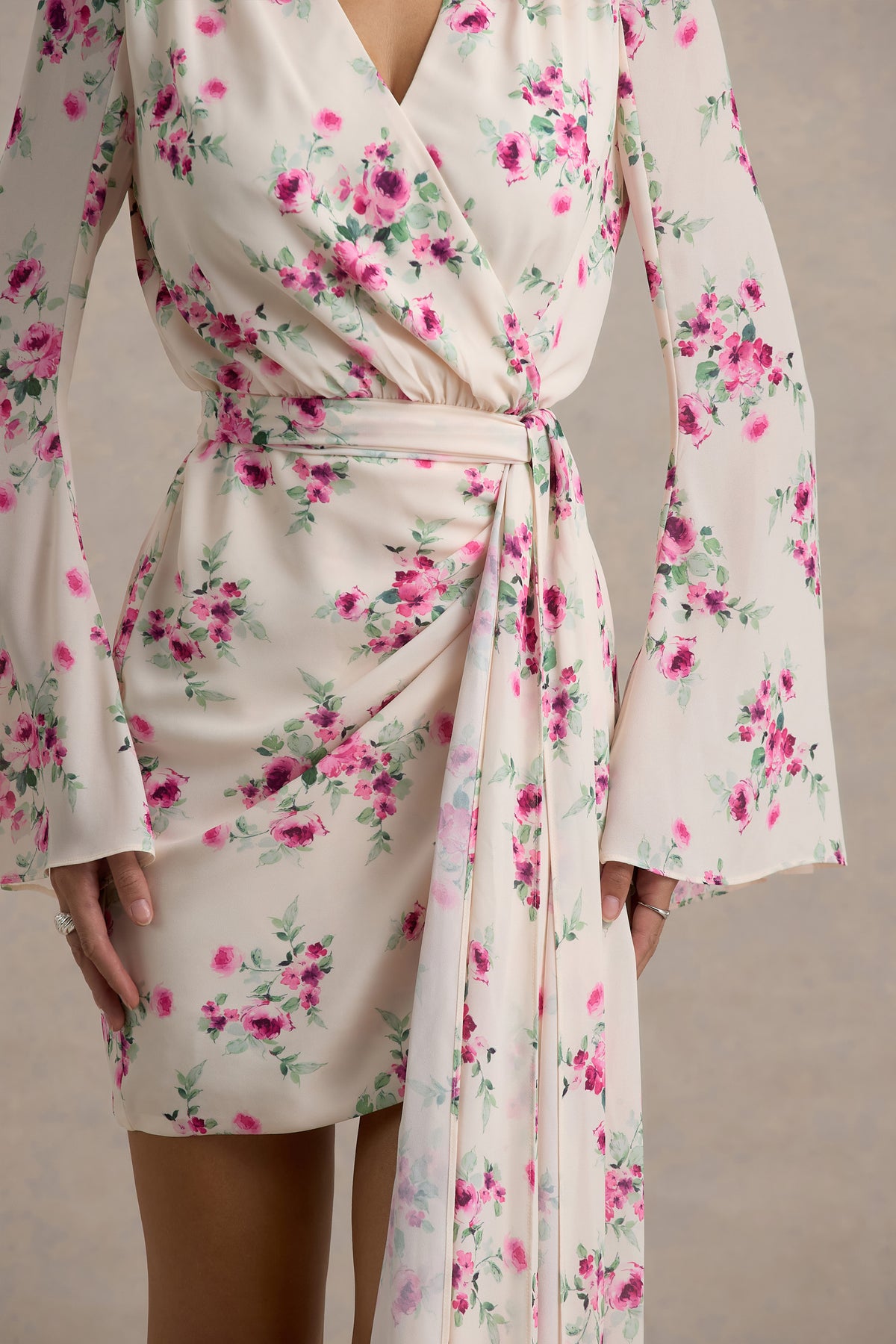Goldie Cream Floral Print Chiffon Long-Sleeve Wrap Mini Dress – Club L  London
