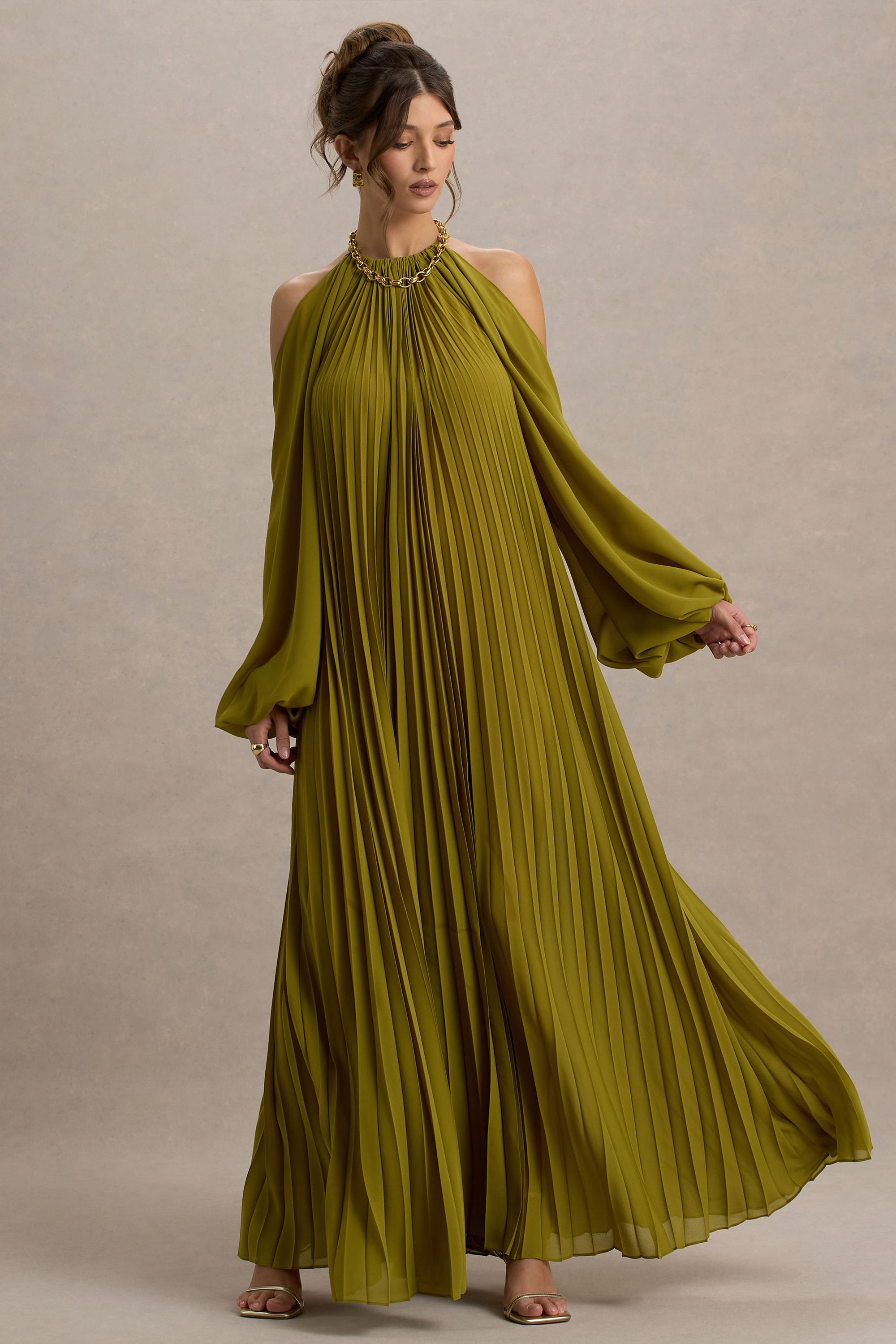 Reyna | Olive Pleated Chiffon Cold-Shoulder Maxi Dress – Club L London