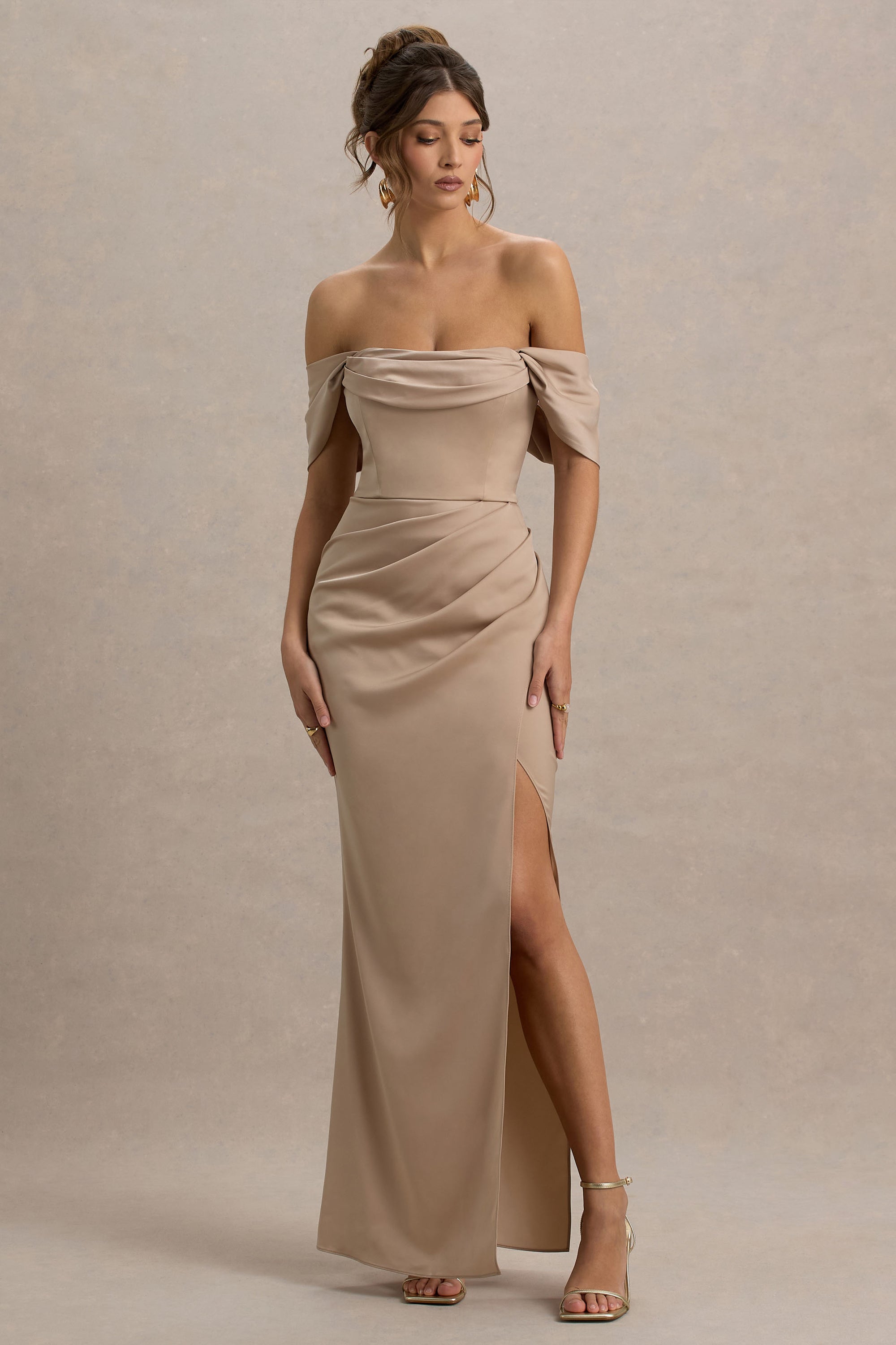 Annie | Champagne Satin Bardot Maxi Dress With Split Wrap Skirt – Club L London