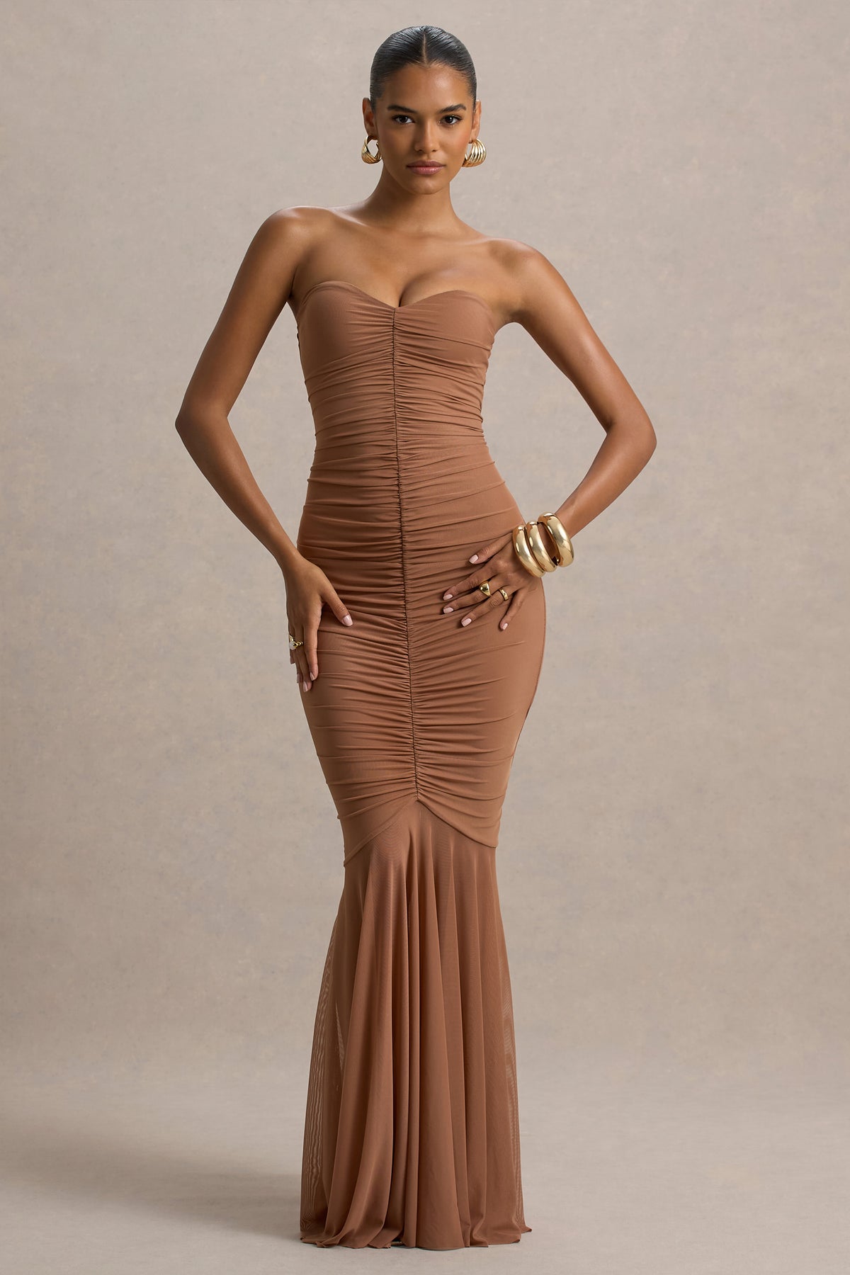 Talisa Mocha Bandeau Ruched Maxi Dress With Mesh Fishtail – Club L