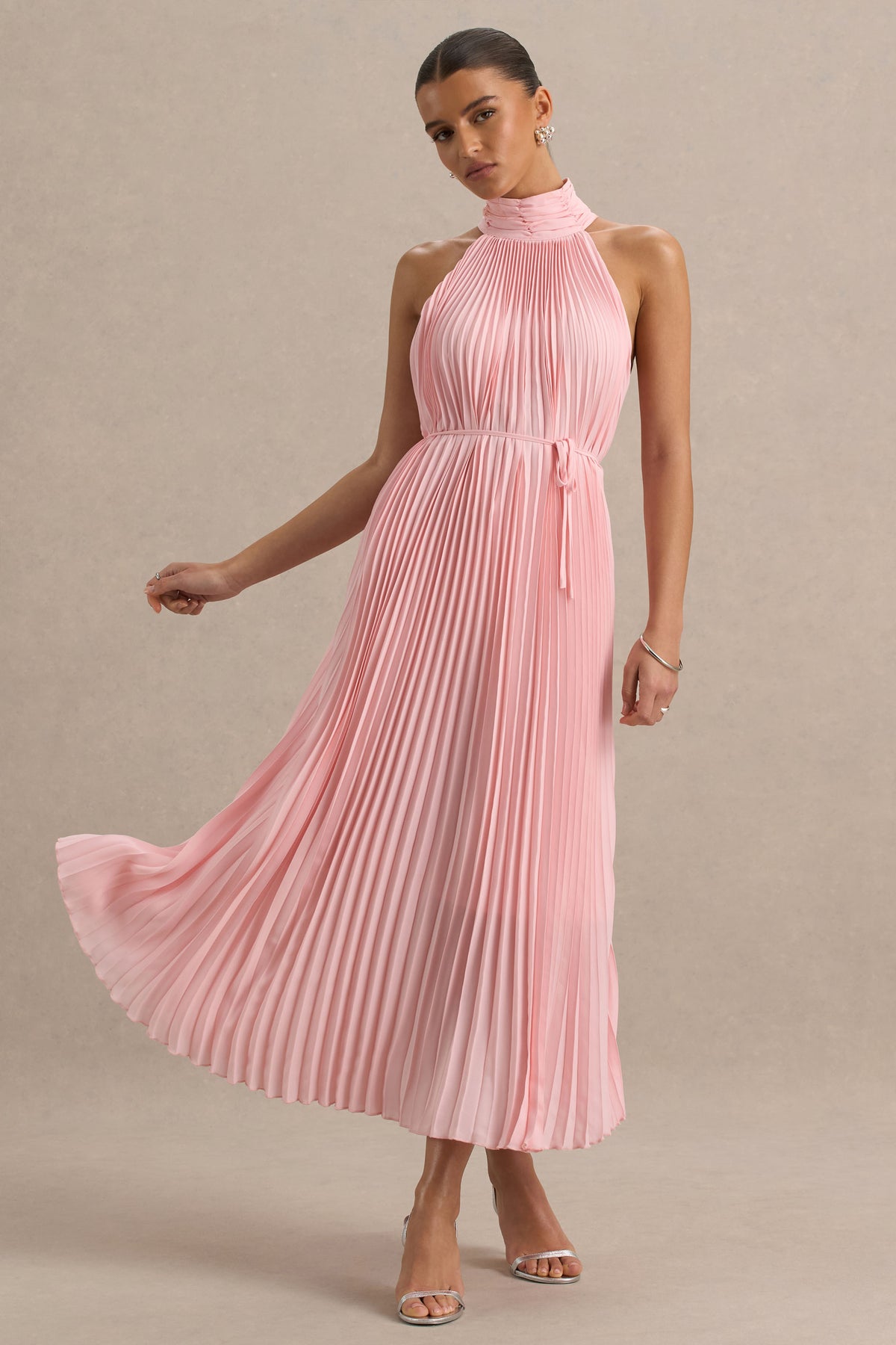 Tulip Blush Pink Pleated High-Neck Midi Dress Club L London - UK Tulip Blush Pink Pleated High-Neck Midi Dress Club L London - UK