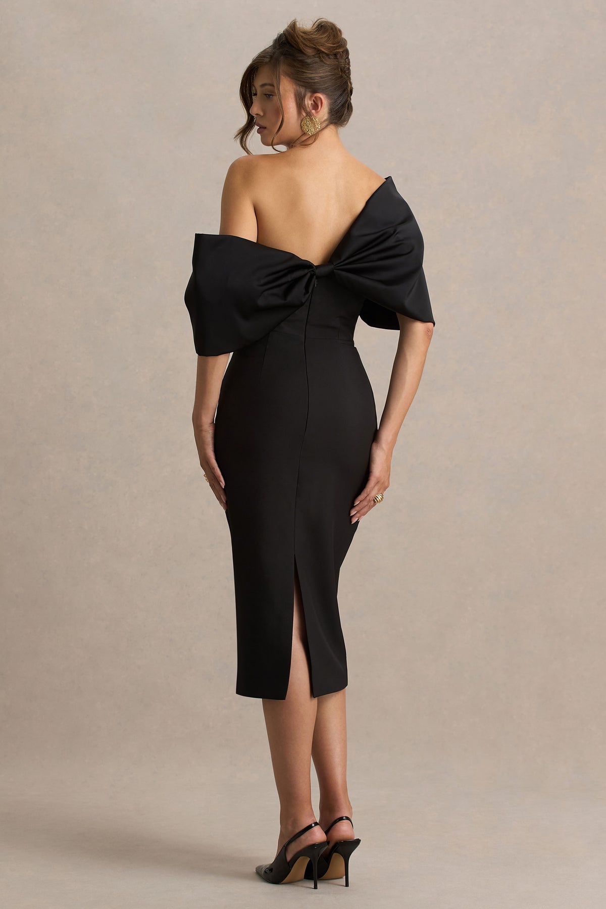 Lucille Asymmetric Bardot Midi Dress Bow Detail