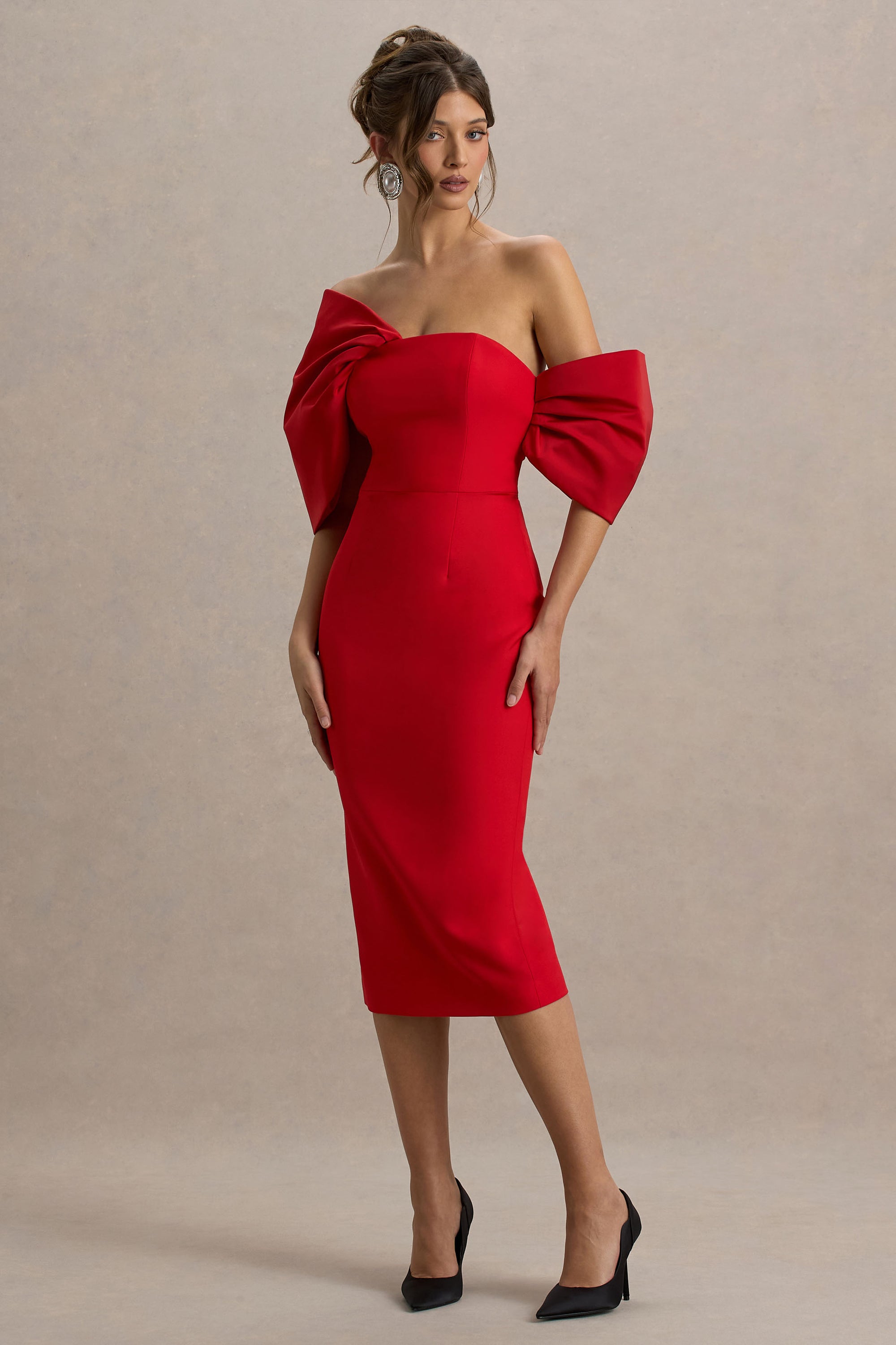 Lucille | Red Asymmetric Bardot Midi Dress With Bow Detail – Club L London