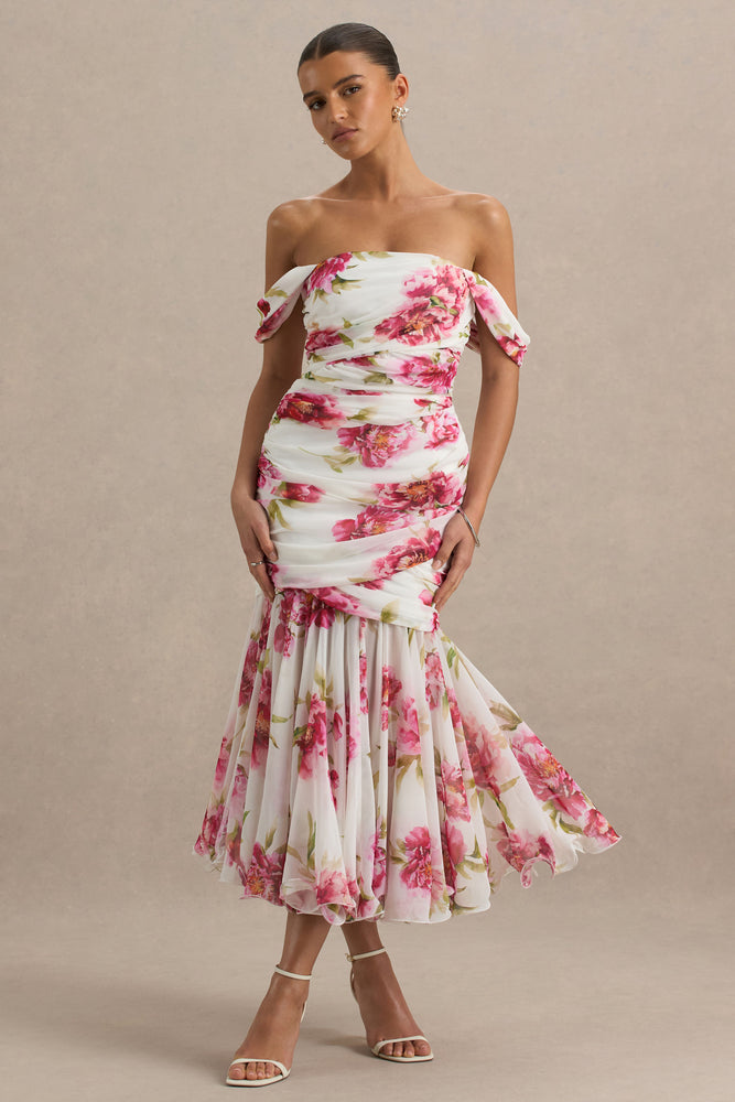 Madelyn Cream Floral Print Short-Sleeve Bardot Wrap Maxi Dress With  Club  L London - UK