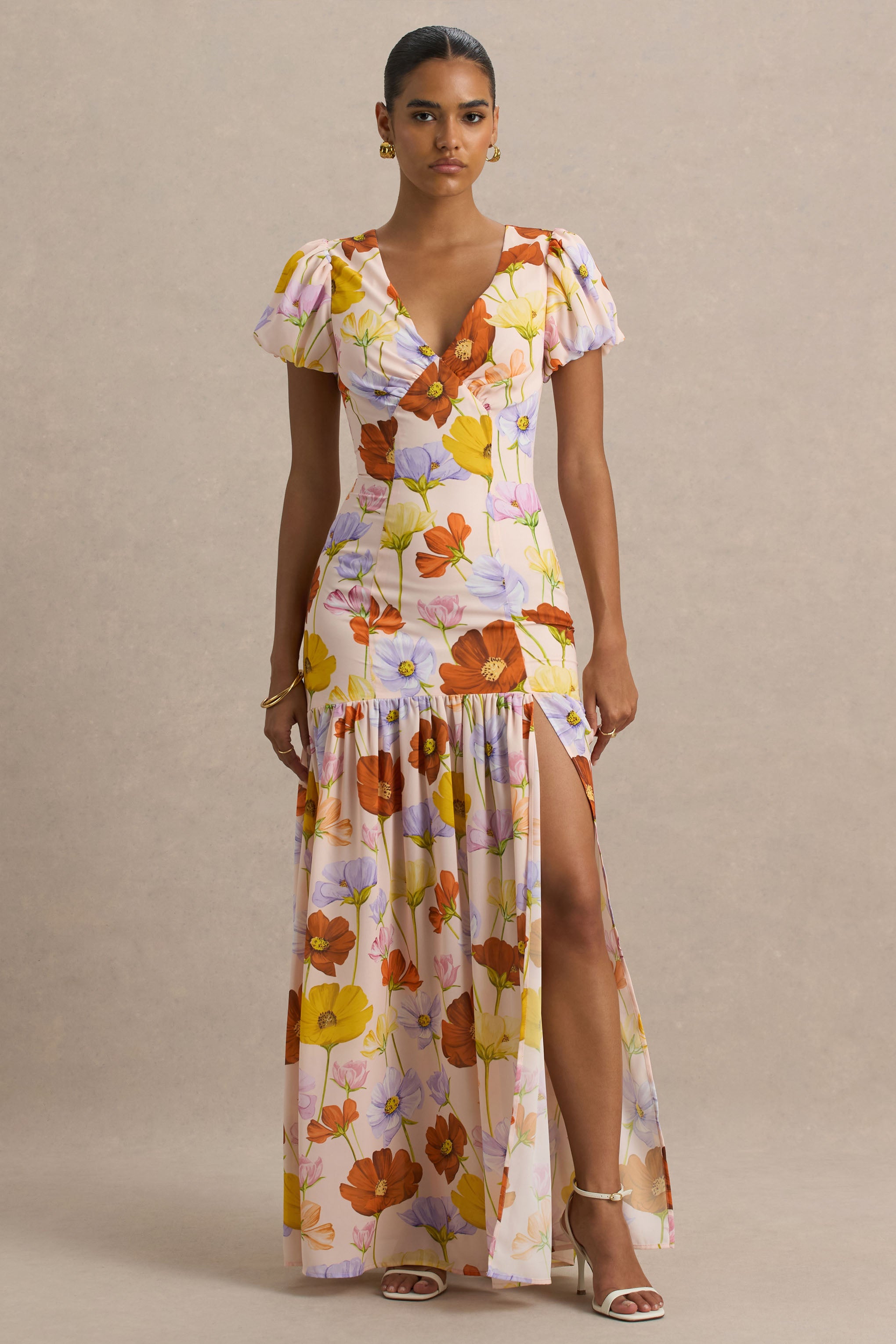 Ginny | Bright Floral Print Puff-Sleeve Split Maxi Dress – Club L