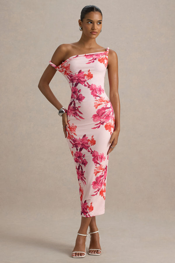Tatian Pink and Orange Floral Print Twisted Asymmetric Midi Dress – Club L  London