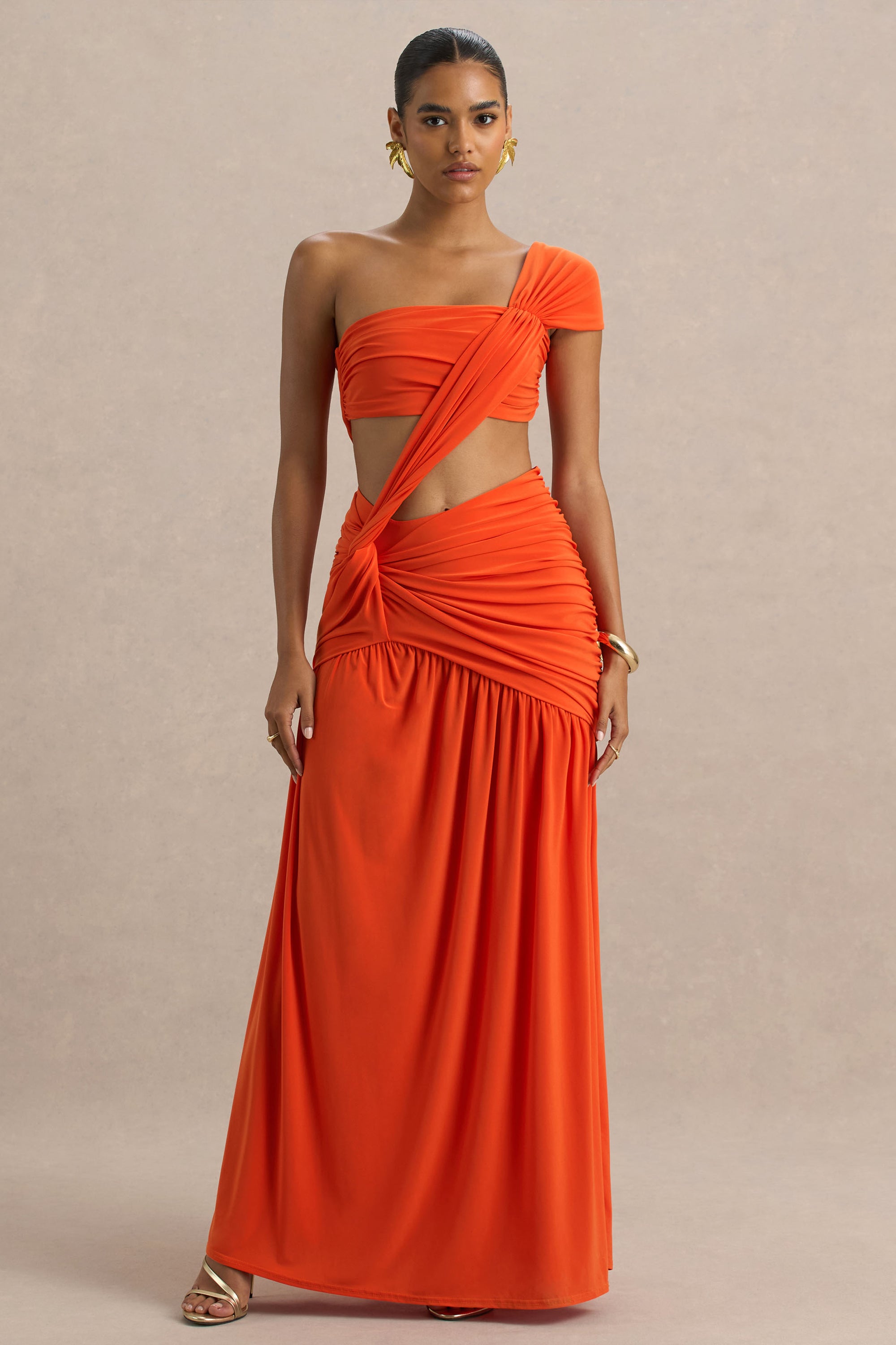 club l orange dress Cerise Orange High-Neck Maxi Dress With Open-Back Club L London