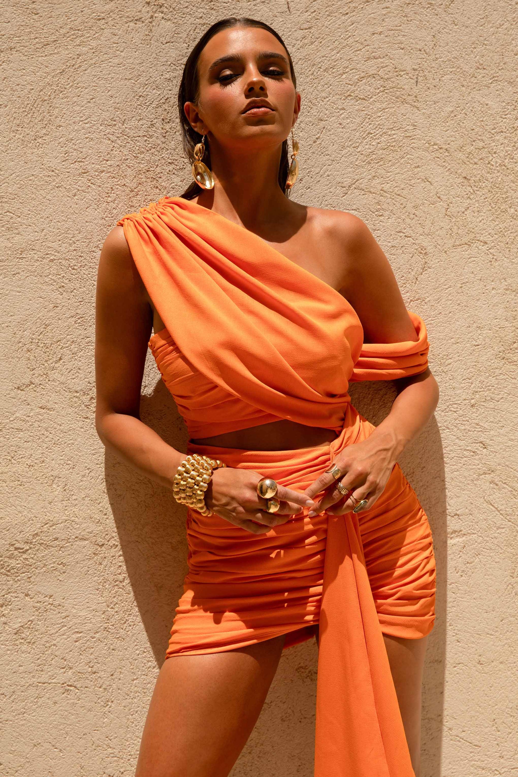 orange mini dress uk AilsaOrange Satin Cowl Neck Lace Up Back Mini Dress