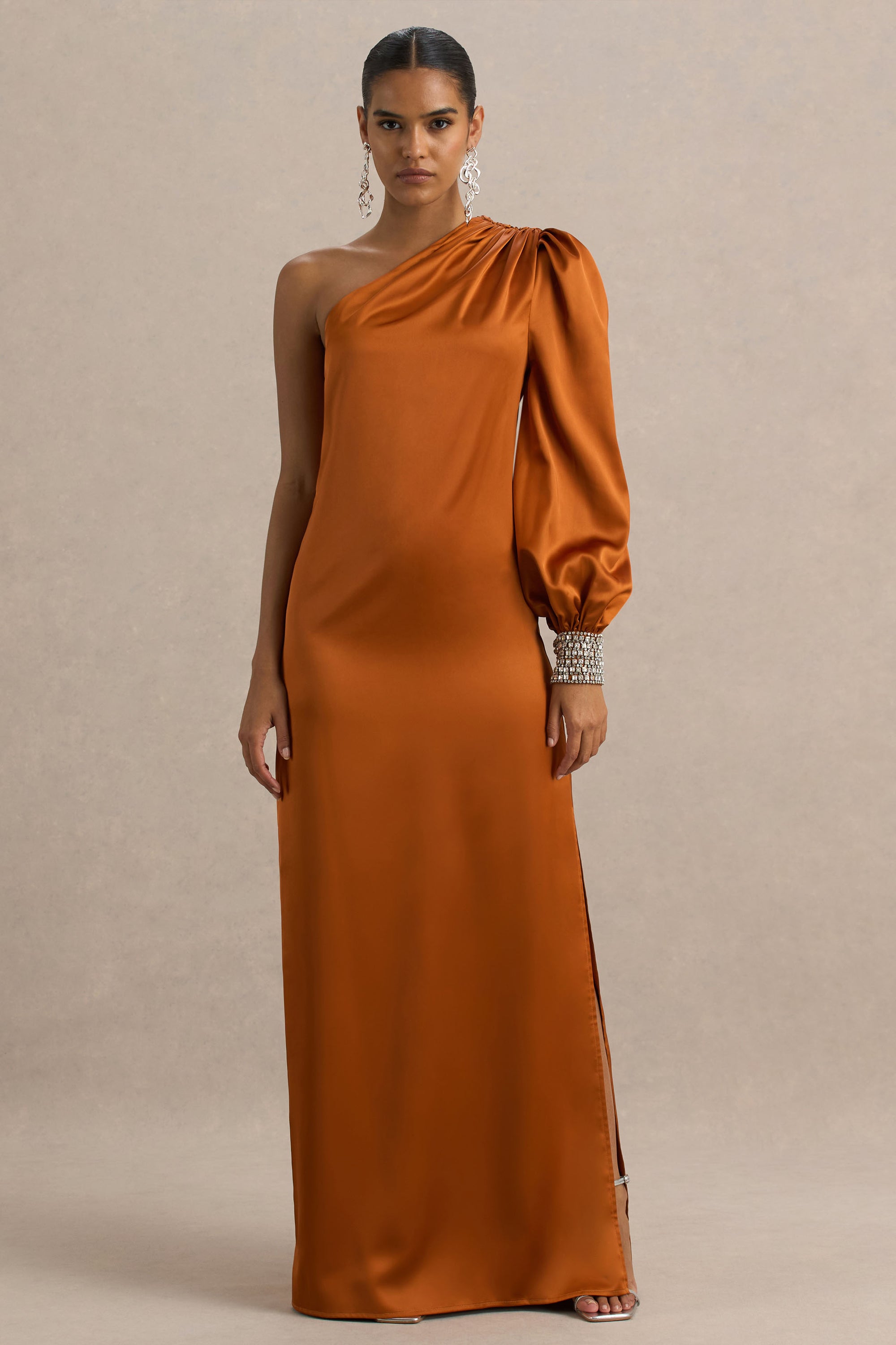 Thelma | Orange Satin Asymmetric Maxi Dress With One-Sleeve – Club L London