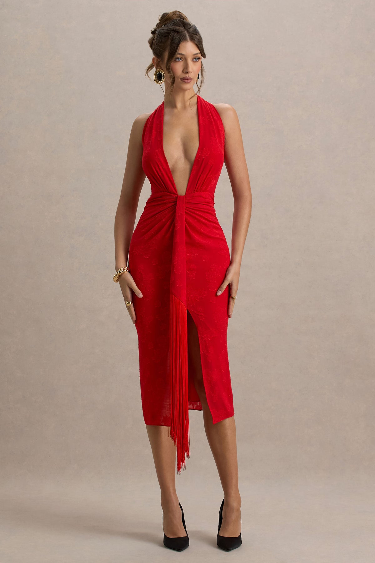 Auria Red Satin Devore Plunge-Neck Midi Dress With Fringe Details – Club L  London
