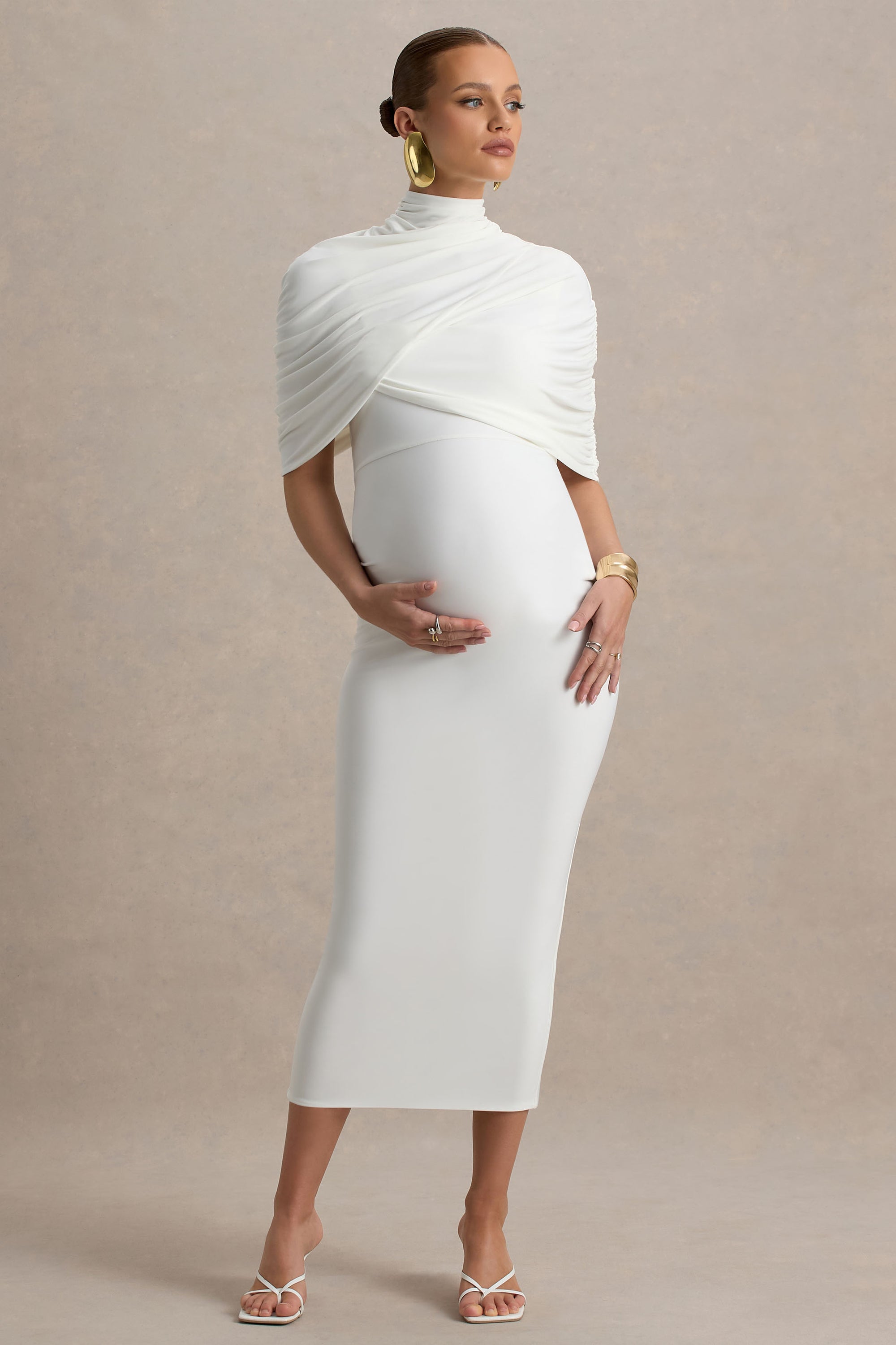 Augustina | White Maternity Midi Dress With Cape – Club L London