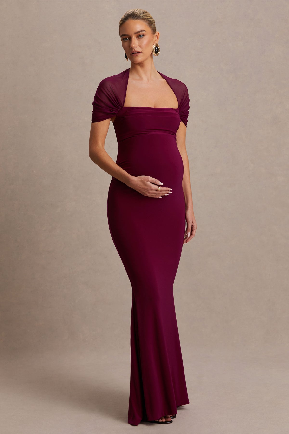 Dome Burgundy Square-Neck Mesh-Sleeve Maternity Maxi Dress Club L London - UK Dome Burgundy Square-Neck Mesh-Sleeve Maternity Maxi Dress Club L London - UK