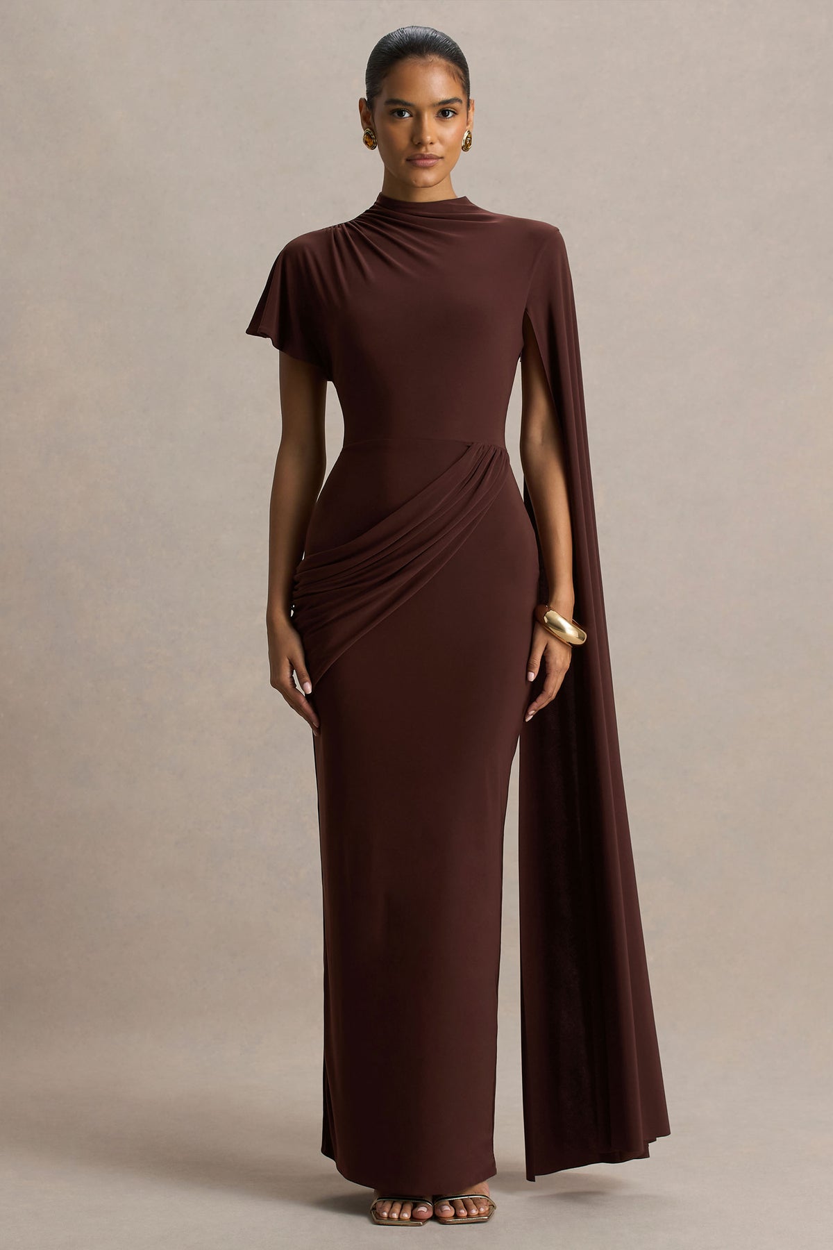 Tropic Brown High-Neck Maxi With Long Cape Sleeve Club L London - UK Tropic Brown High-Neck Maxi With Long Cape Sleeve Club L London - UK