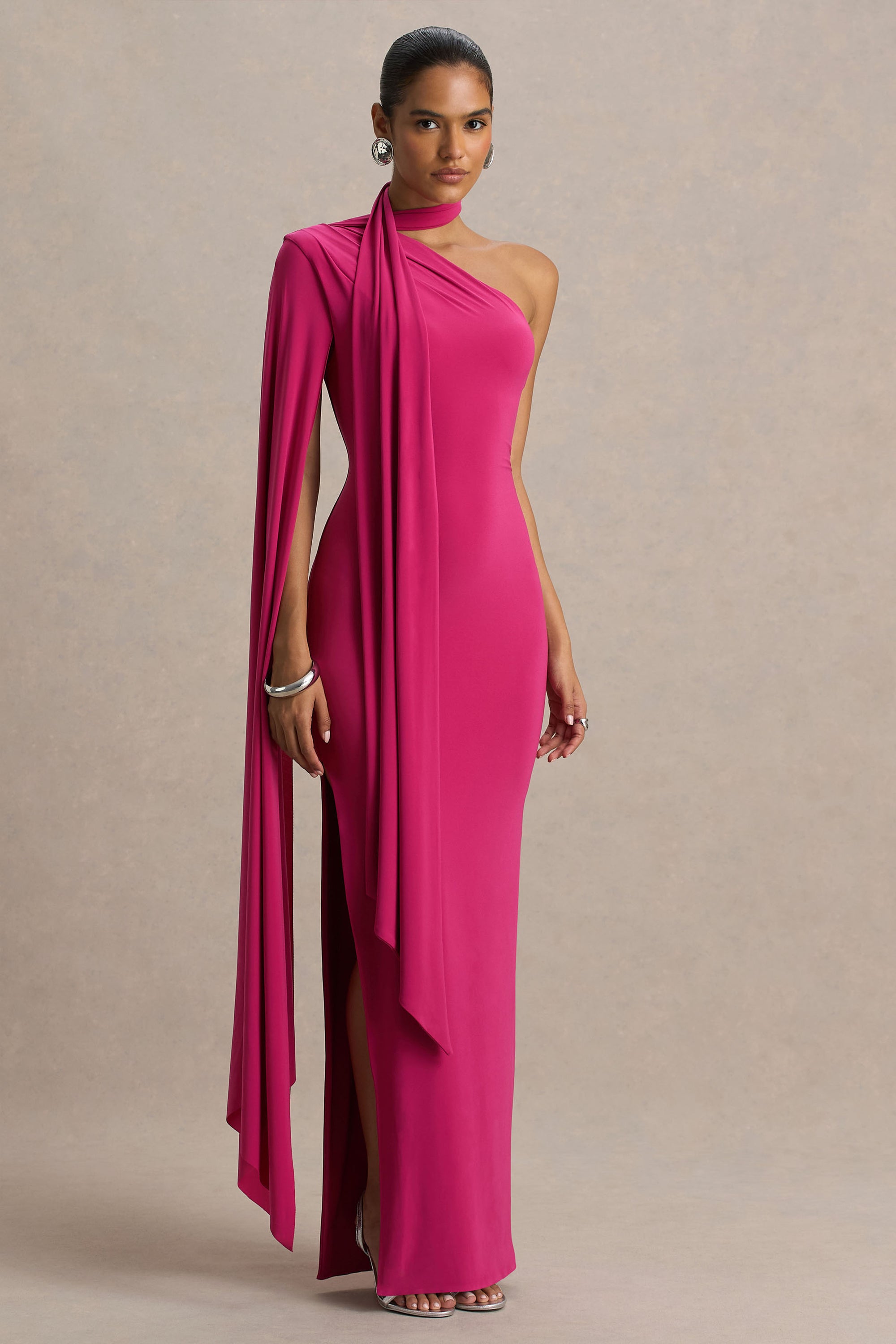 amal pink dress Amal | Hot Pink Asymmetric-Neck Maxi Dress With Scarf and Cape Detail Club L London