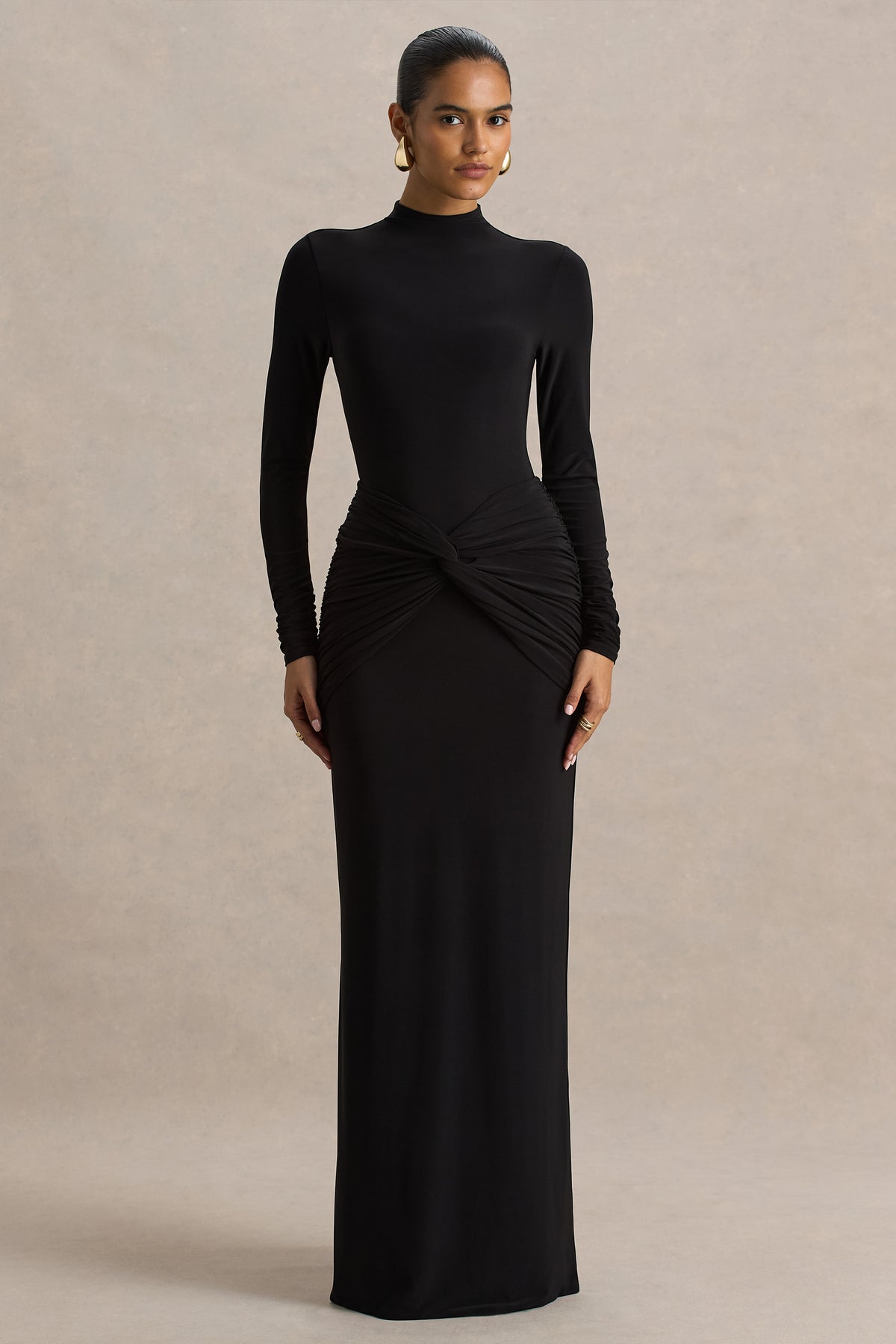Alula Black High-Neck Maxi Dress With Twist Detail Club L London - UK Alula Black High-Neck Maxi Dress With Twist Detail Club L London - UK