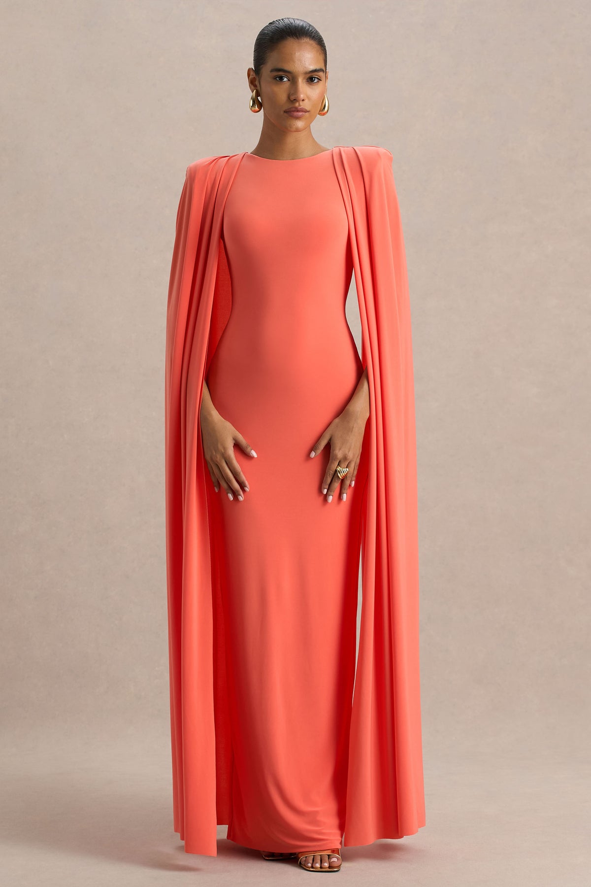 Mimi Coral High-Neck Maxi Dress With Cape Sleeve Detail – Club L London