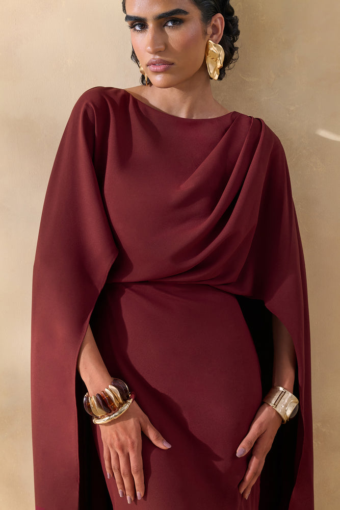 Pristina Burgundy Boat-Neck Woven Maxi Dress With Cape Detail  Club L  London - UK