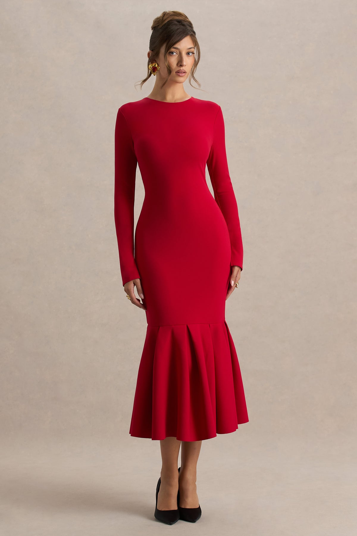 Liberty Red High Neck Mermaid Midi Dress With Ruffling Detail Club L London - UK Liberty Red High Neck Mermaid Midi Dress With Ruffling Detail Club L London - UK
