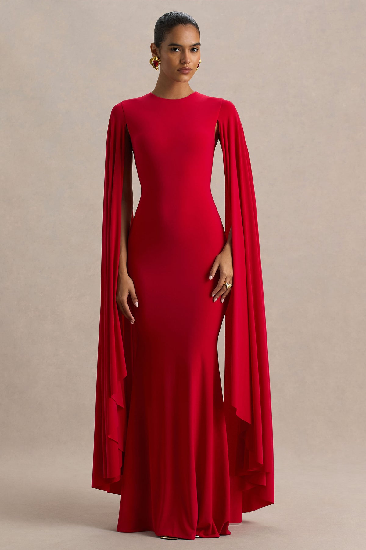 Briony Red Crew-Neck Maxi Dress With Cape Sleeves Club L London - UK Briony Red Crew-Neck Maxi Dress With Cape Sleeves Club L London - UK