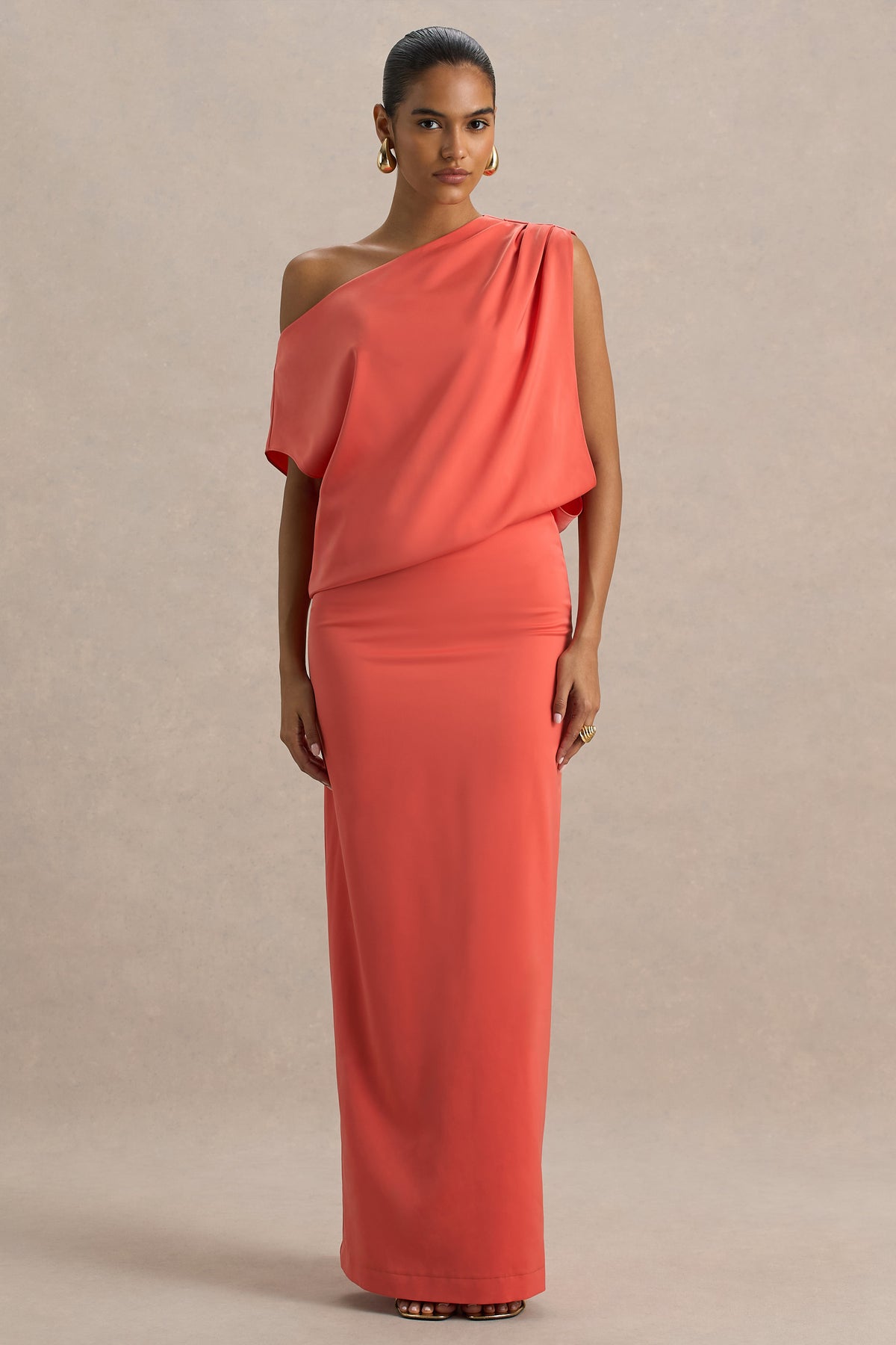Ronnie Coral Satin Asymmetric-Neck Maxi Dress With Draping Detail – Club L  London