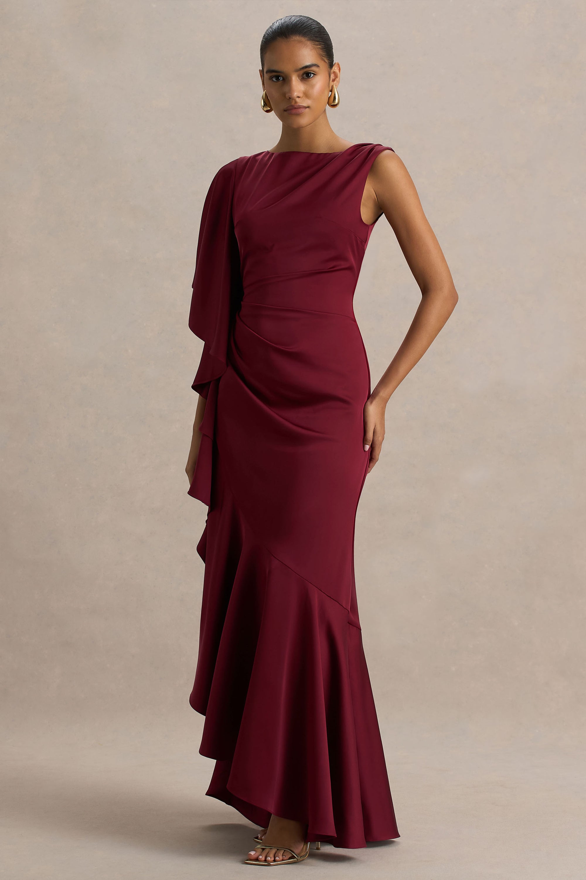 Rosy Satin Boat Neck Maxi Dress Front Split Ruffled Detailing
