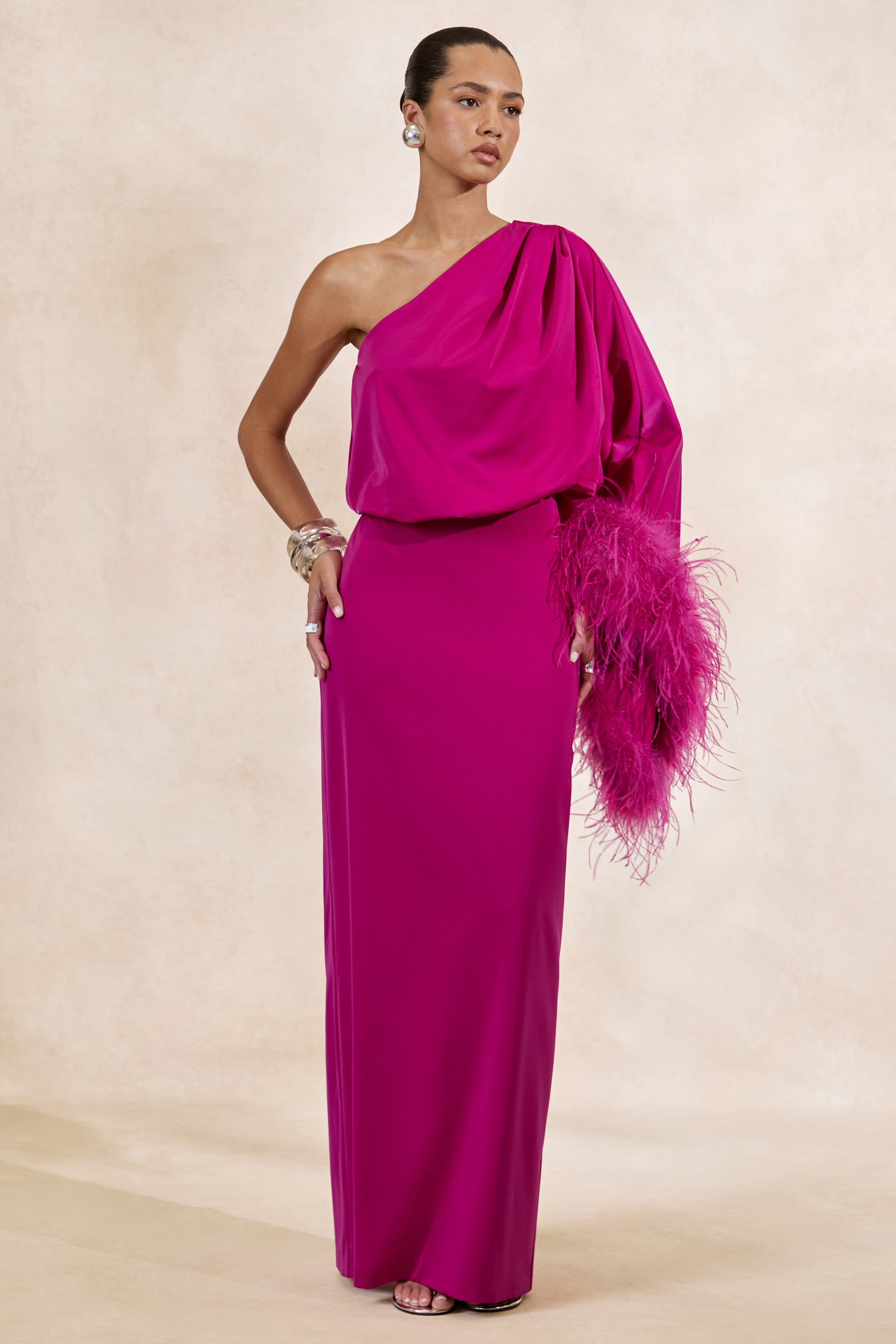 CL136380080 - Felicity _ Hot Pink Satin Asymmetric-Neck Maxi Dress With Feather Detailing0.jpg
