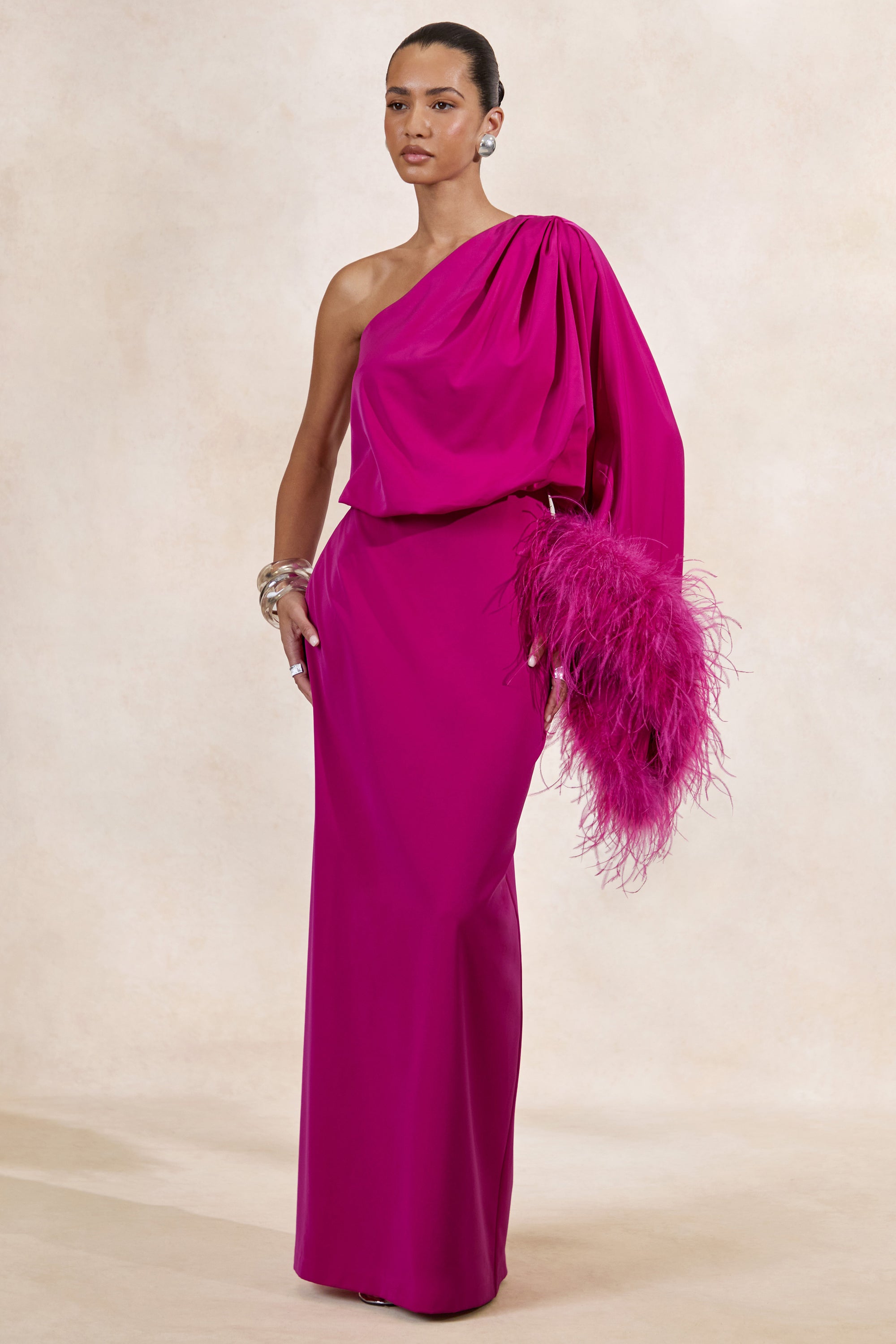 CL136380080 - Felicity _ Hot Pink Satin Asymmetric-Neck Maxi Dress With Feather Detailing1.jpg