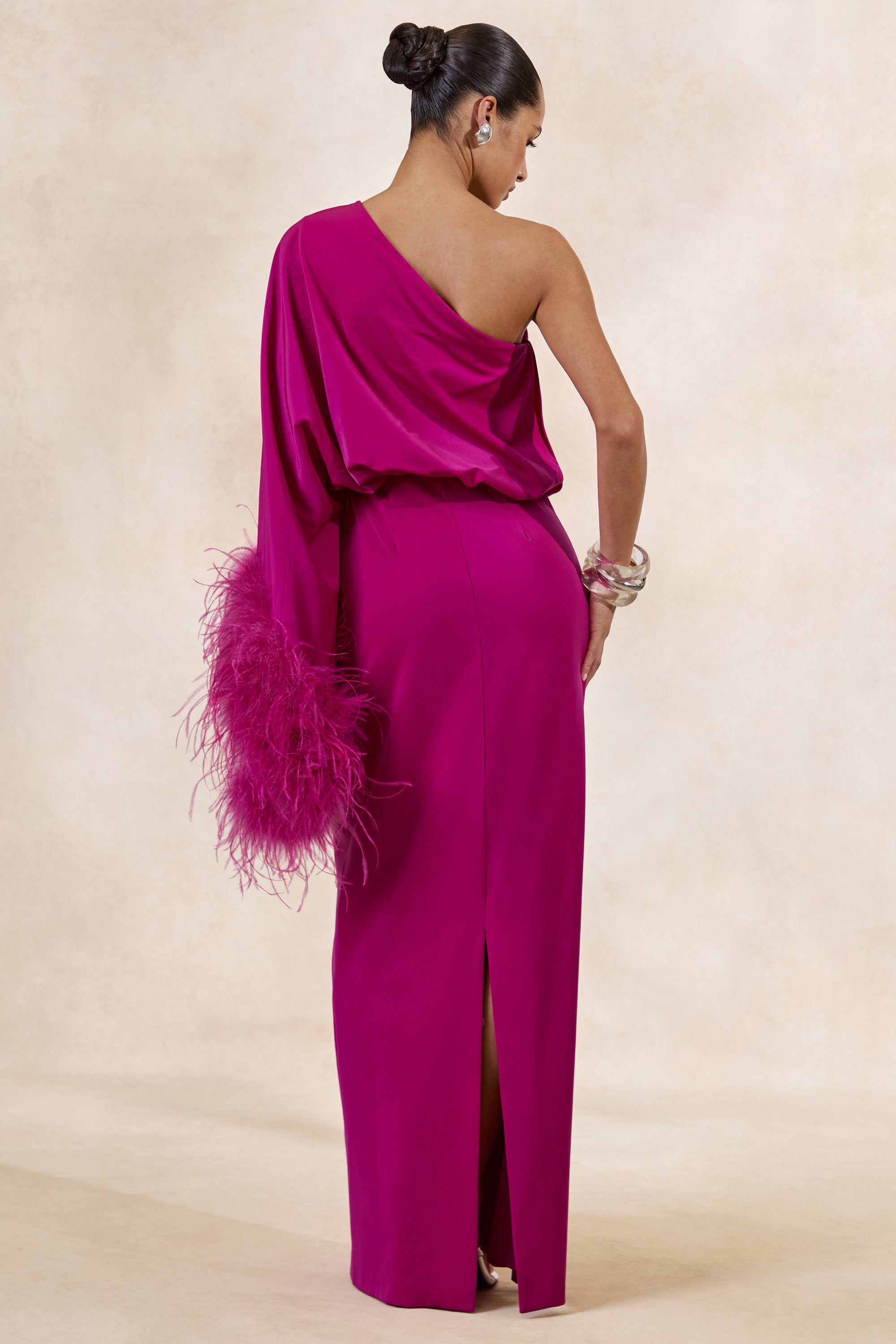 CL136380080 - Felicity _ Hot Pink Satin Asymmetric-Neck Maxi Dress With Feather Detailing4.jpg