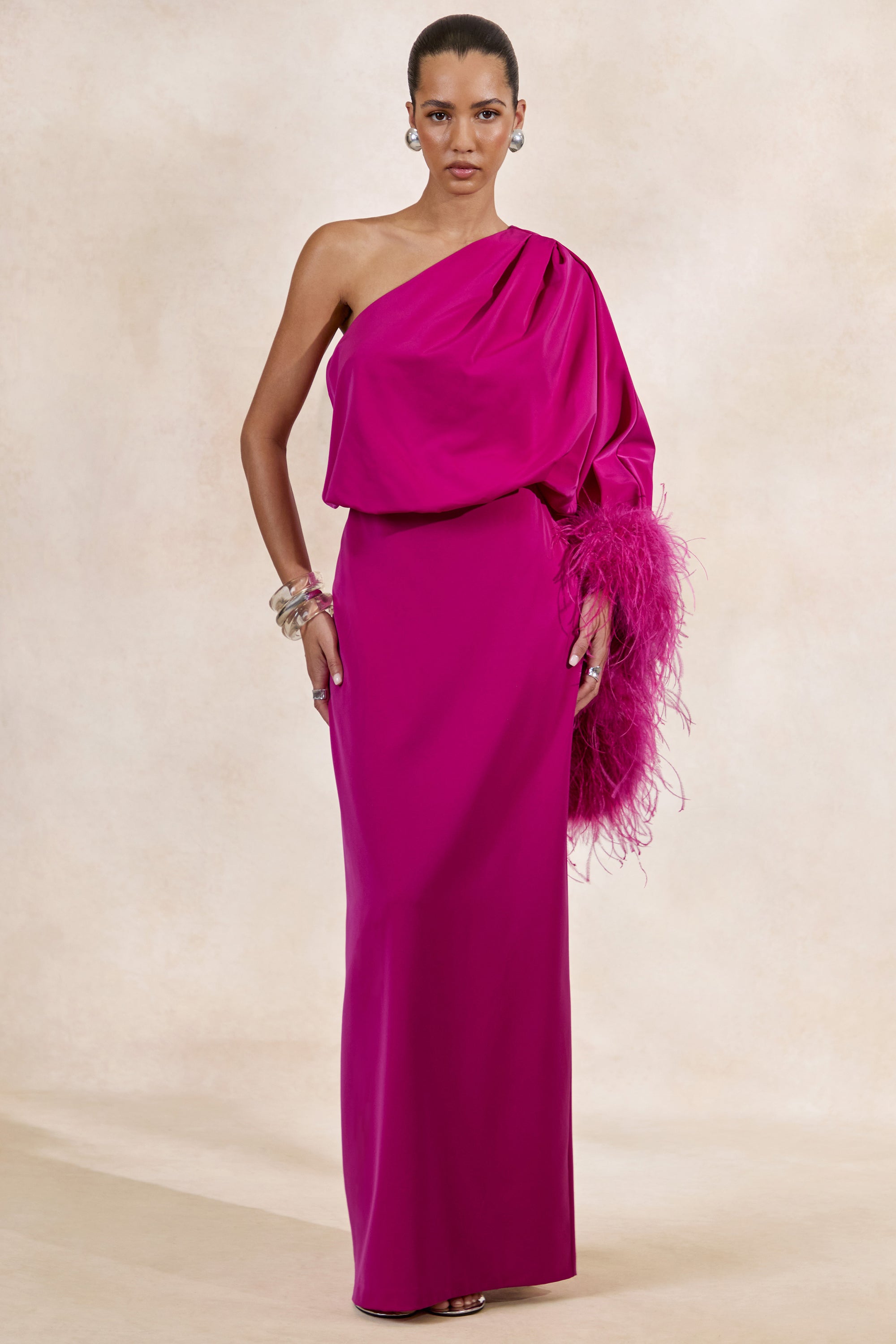 CL136380080 - Felicity _ Hot Pink Satin Asymmetric-Neck Maxi Dress With Feather Detailing5.jpg
