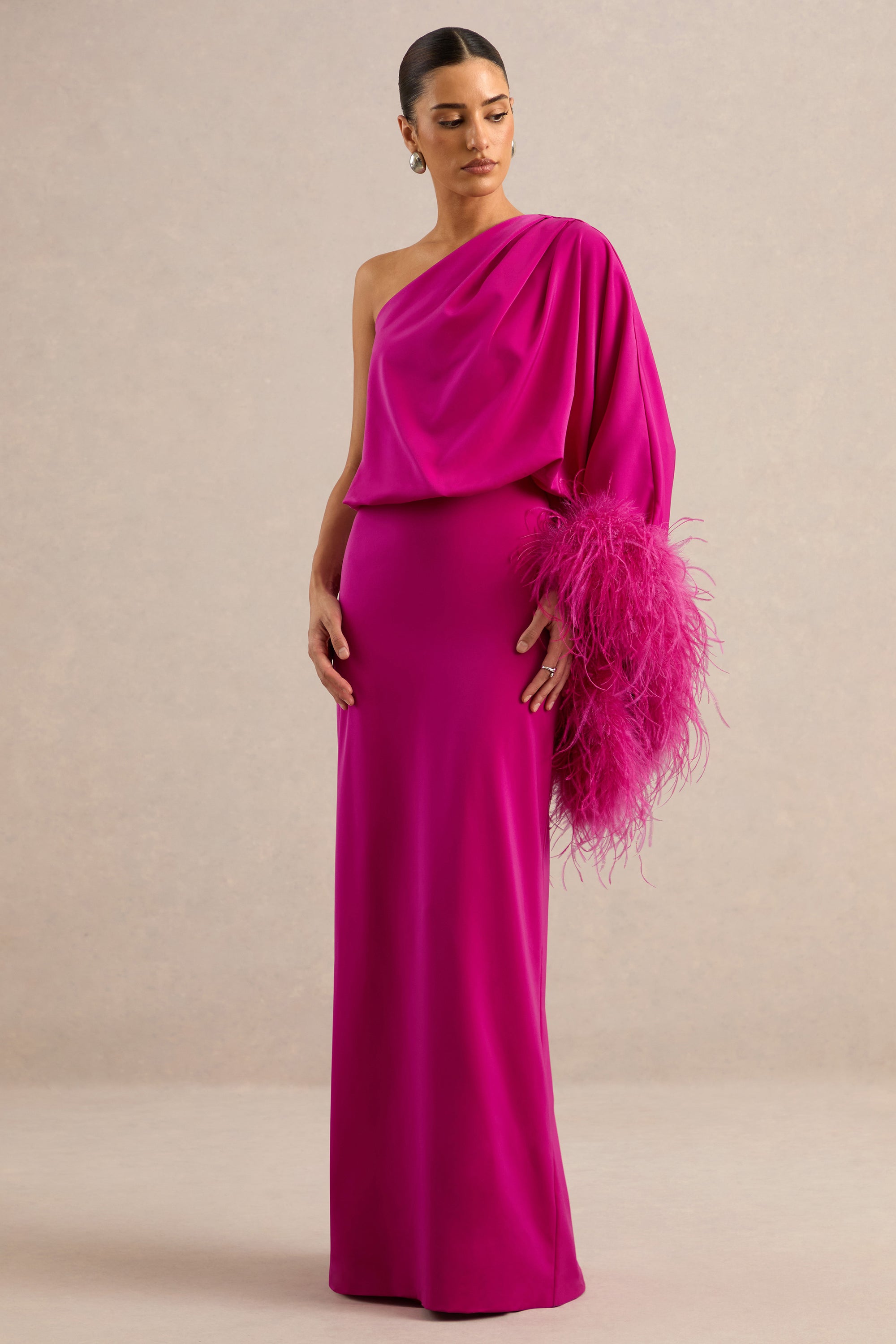 ECM_HR_CL136380080 - Felicity | Hot Pink Satin Asymmetric-Neck Maxi Dress With Feather Detailing 1.jpg