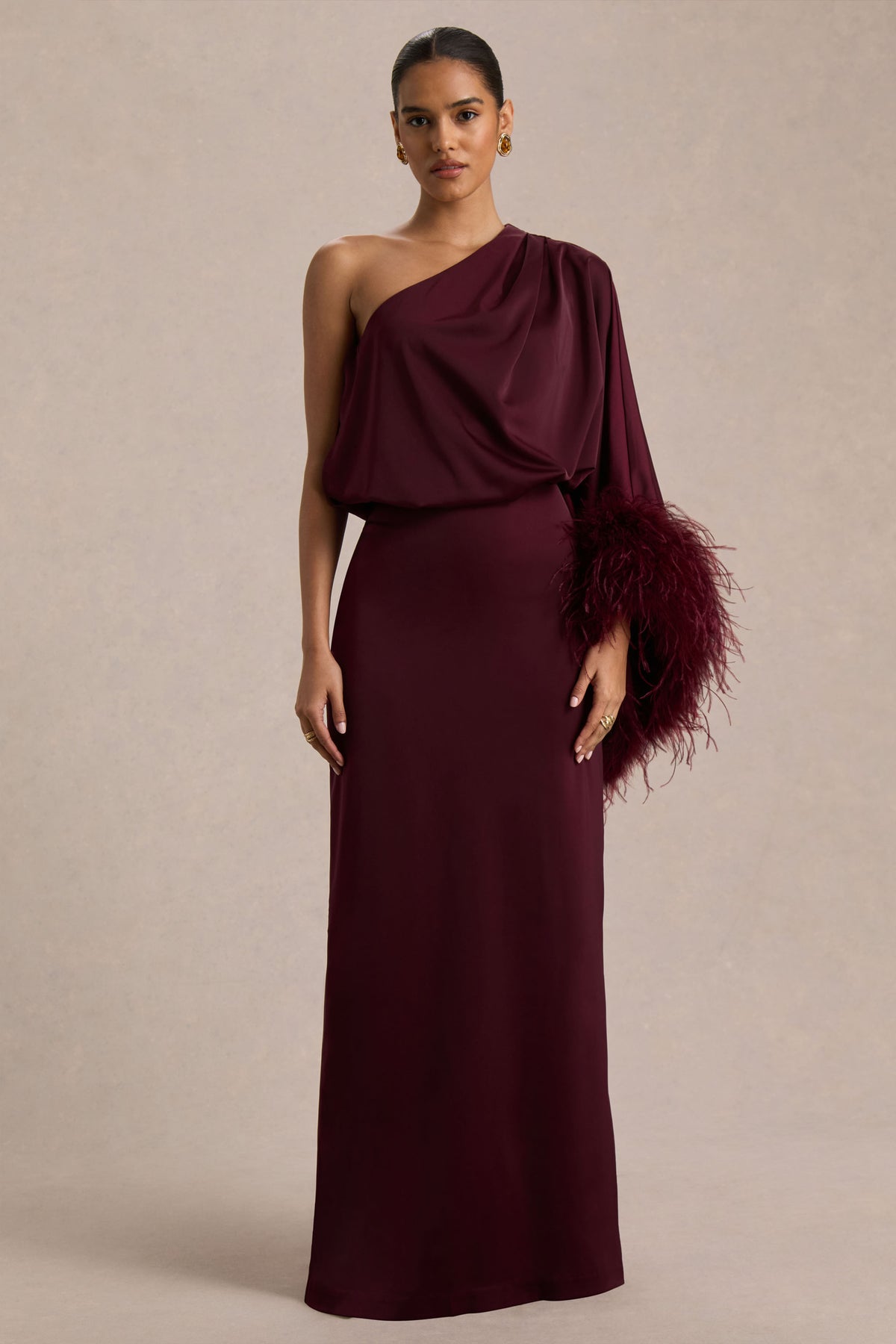 Felicity Burgundy Satin Asymmetric-Neck Maxi Dress With Feather Deta Club L London - UK Felicity Burgundy Satin Asymmetric-Neck Maxi Dress With Feather Deta Club L London - UK