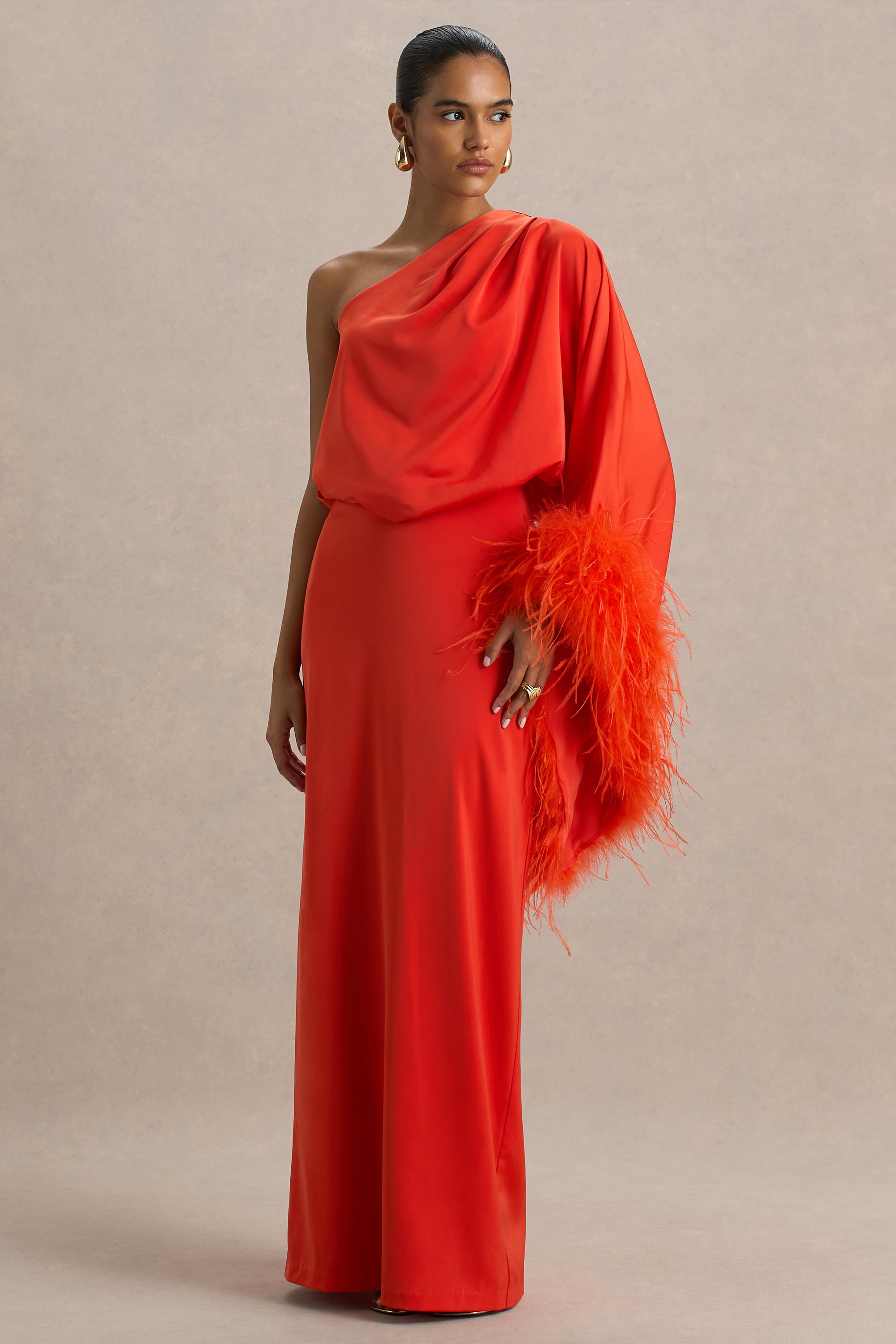 Felicity Satin Asymmetric Neck Maxi Dress Feather Detailing