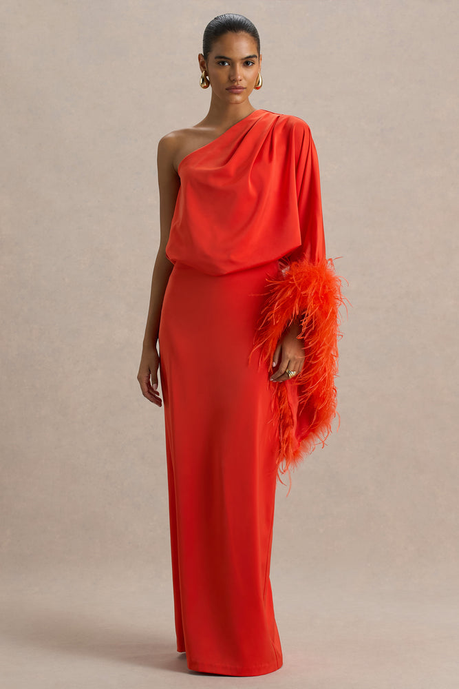 Felicity Orange Satin Asymmetric-Neck Maxi Dress With Feather Detail – Club  L London