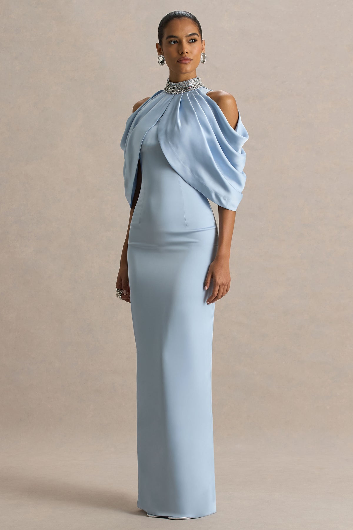 Sulliana Powder Blue Satin High Neck Maxi Dress Embellished Detail Cape Sleeves