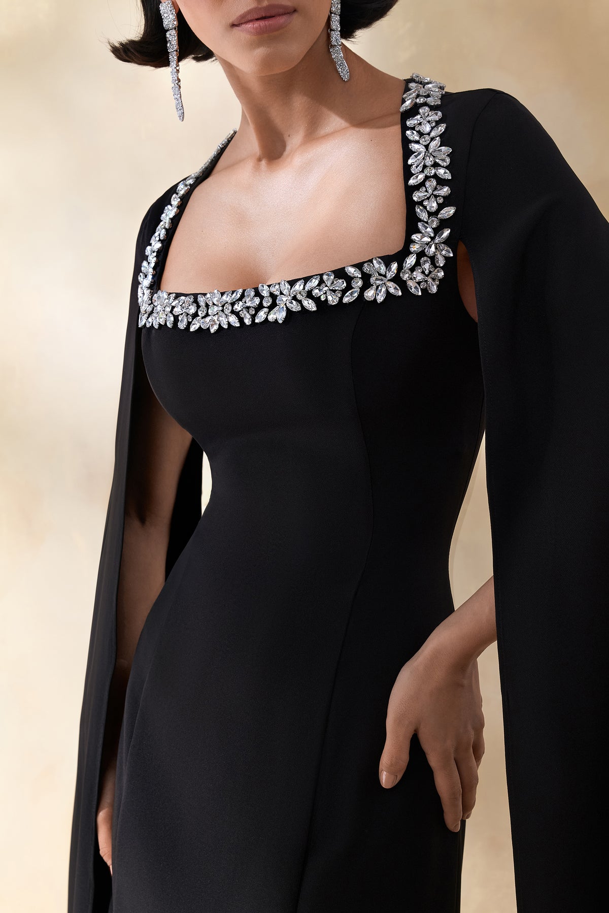 ECM_HR_CL136384002 Glossy | Black Woven Square-Neck Maxi Dress With Cape Sleeves and Embellished Detail 1.jpg