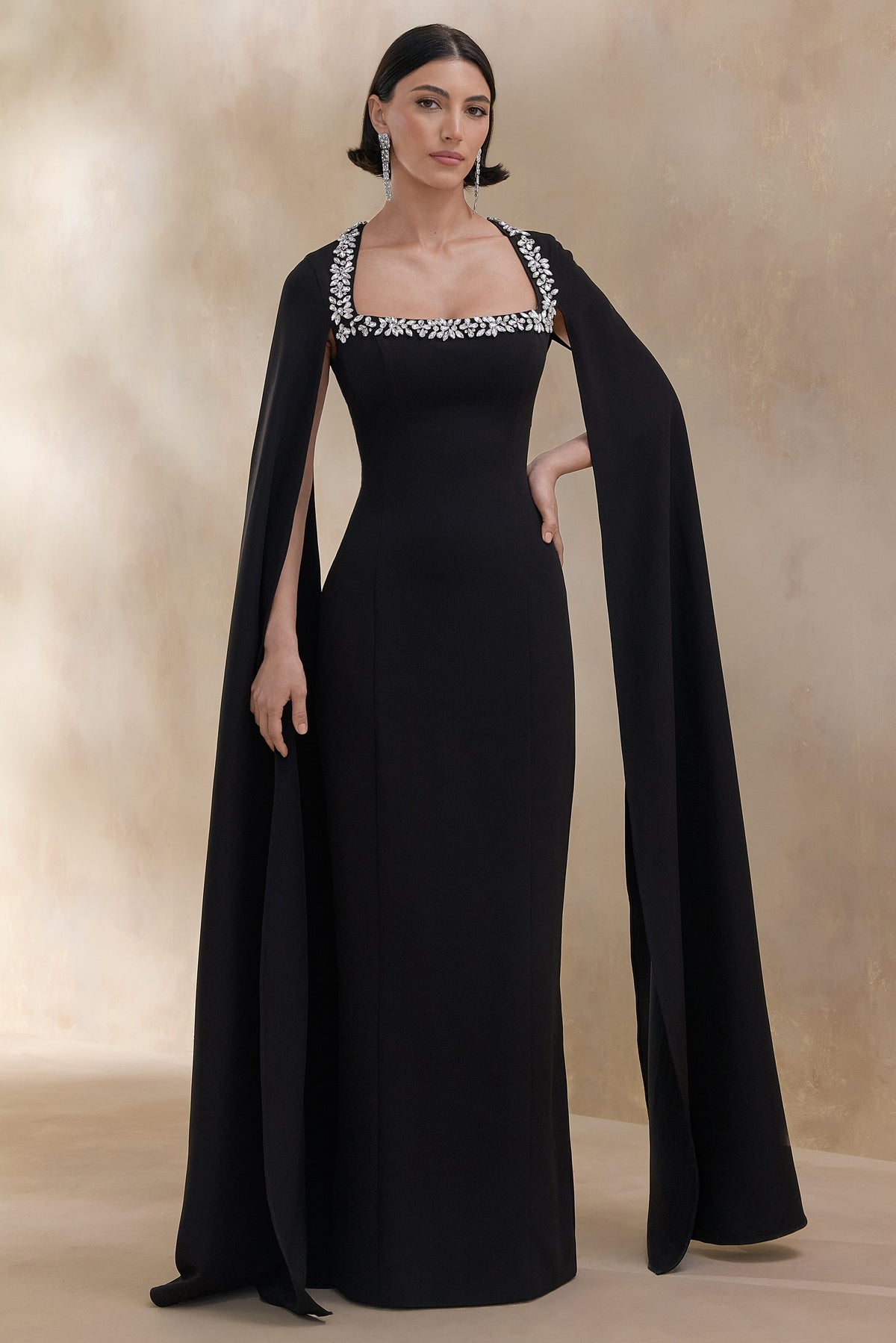 ECM_HR_CL136384002 Glossy | Black Woven Square-Neck Maxi Dress With Cape Sleeves and Embellished Detail 4.jpg