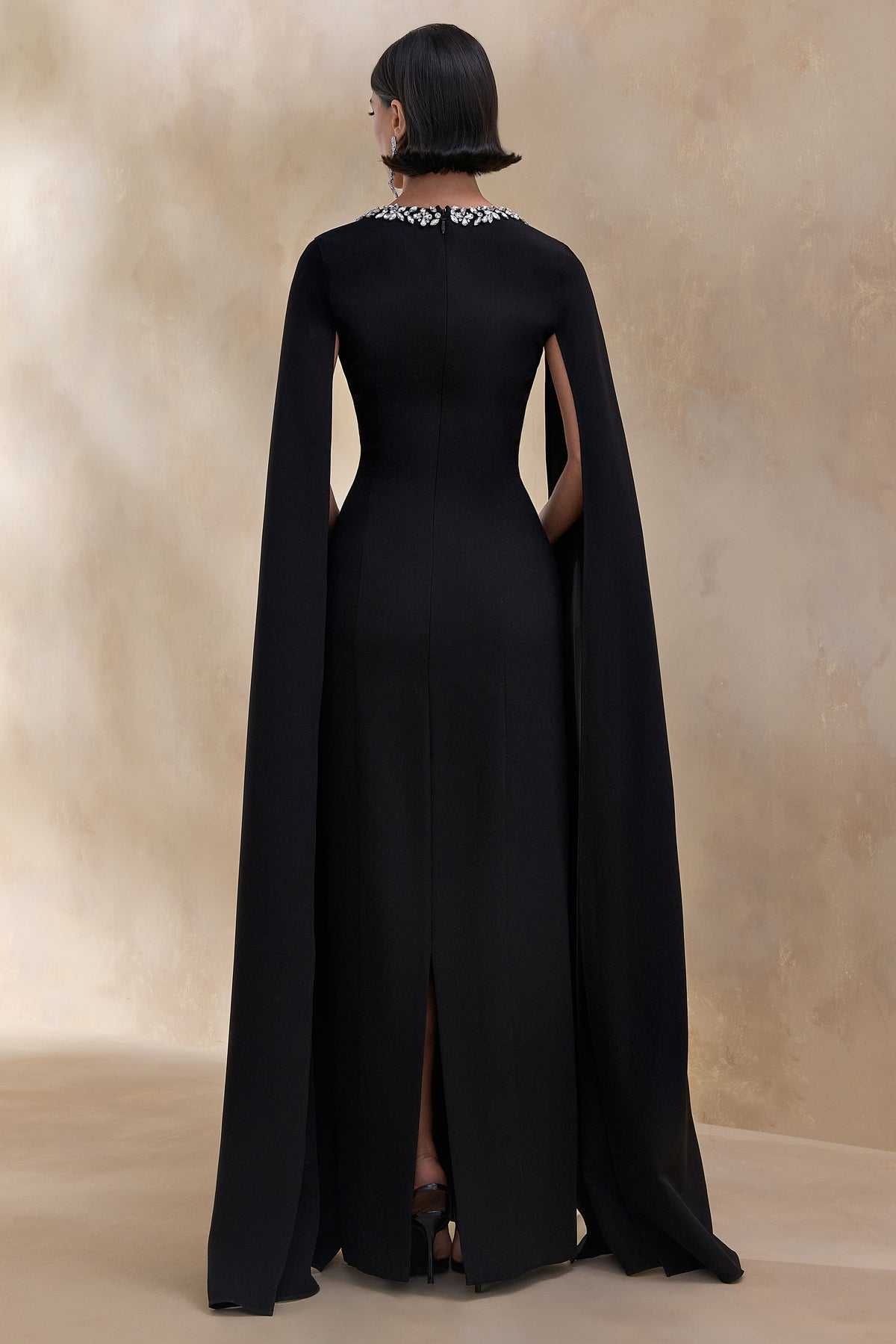 ECM_HR_CL136384002 Glossy | Black Woven Square-Neck Maxi Dress With Cape Sleeves and Embellished Detail 5.jpg