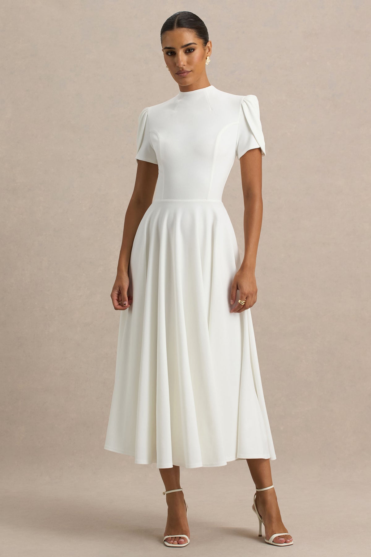Vicky White High Neck Midi Dress With Puff Sleeves Club L London - UK Vicky White High Neck Midi Dress With Puff Sleeves Club L London - UK