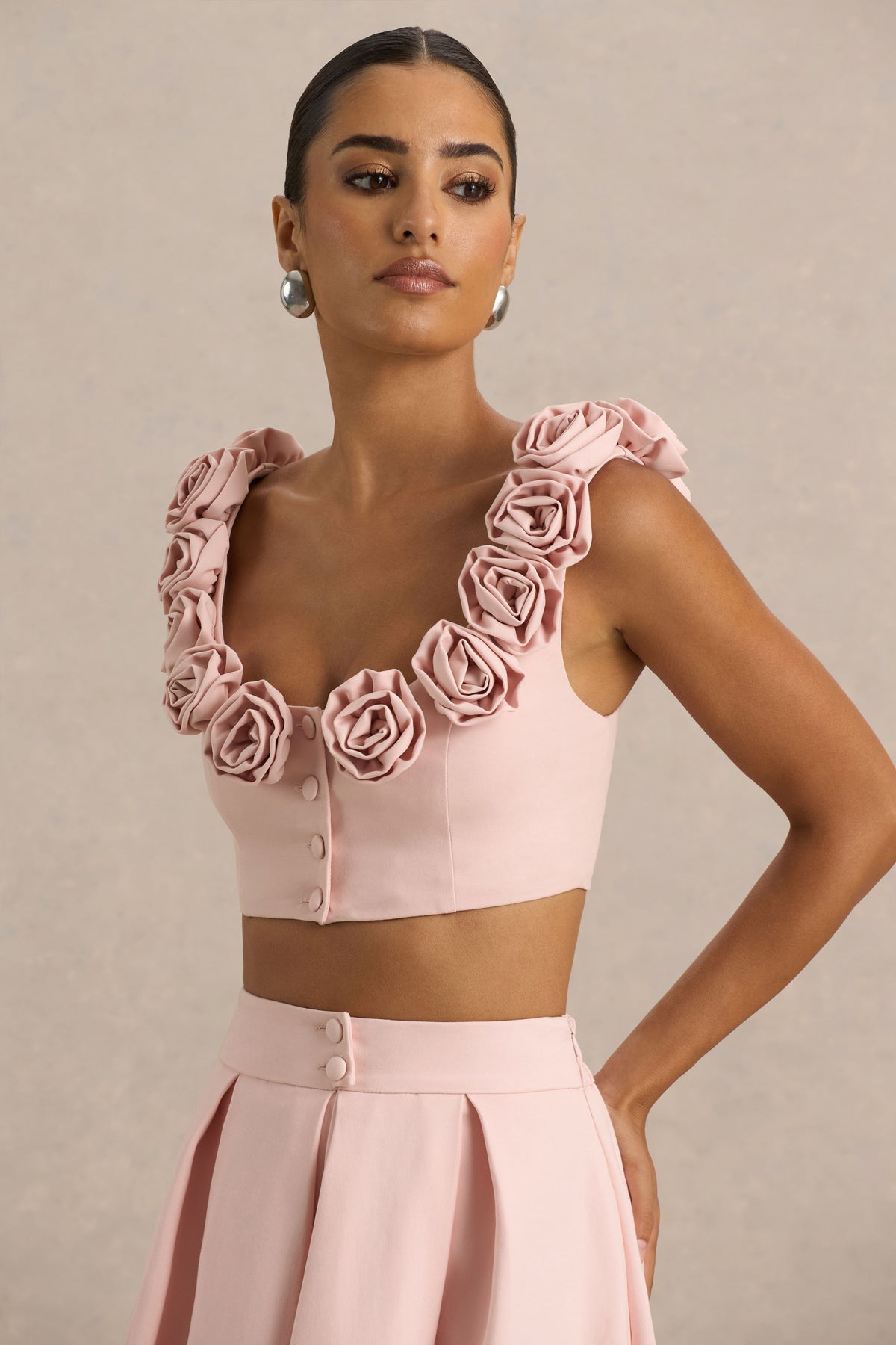 Blade Baby Pink Scoop-Neck Crop Top With Corsage Details – Club L