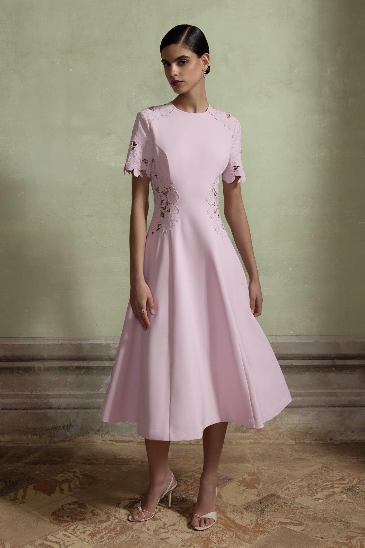 So Sweet Pink Crew-Neck Midi Dress With Cut-Out Embroidered Detailin Club L London - UK So Sweet Pink Crew-Neck Midi Dress With Cut-Out Embroidered Detailin Club L London - UK
