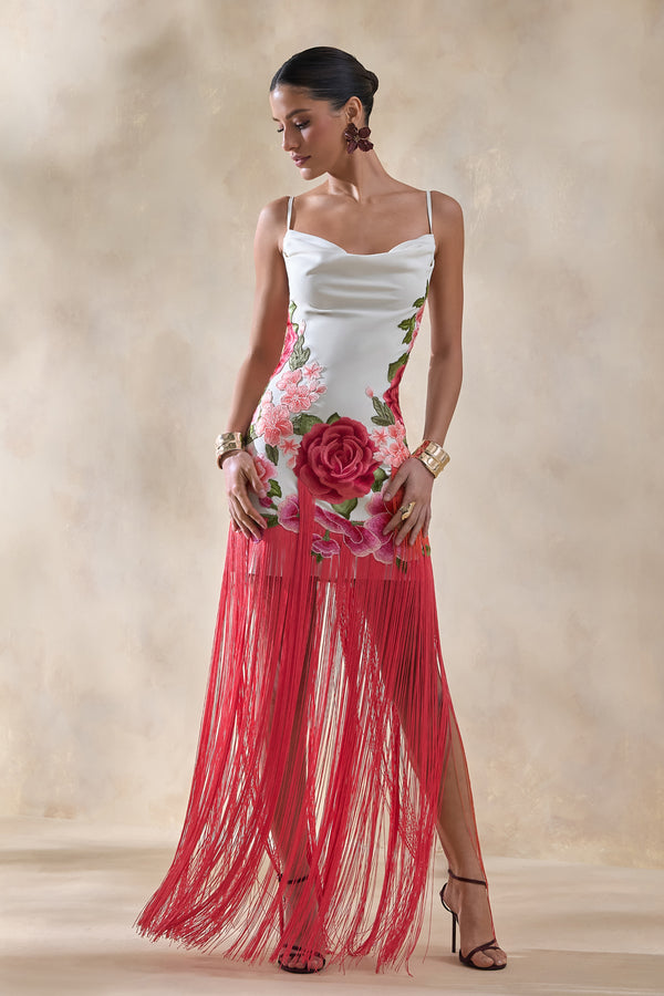 Bejewelled Cream and Pink Floral Cowl-Neck Maxi Dress With Fringe He – Club  L London