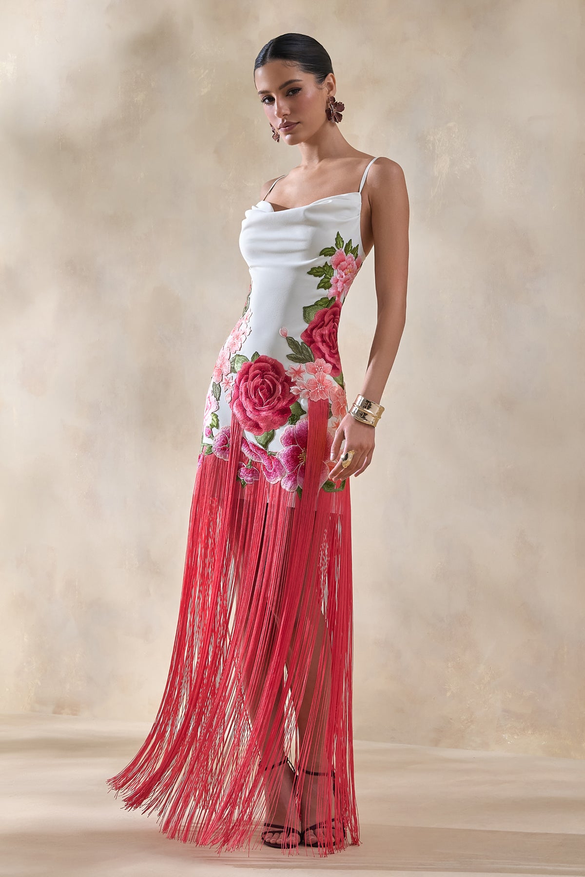 Bejewelled Cream and Pink Floral Cowl-Neck Maxi Dress With Fringe He Club L London - UK Bejewelled Cream and Pink Floral Cowl-Neck Maxi Dress With Fringe He Club L London - UK