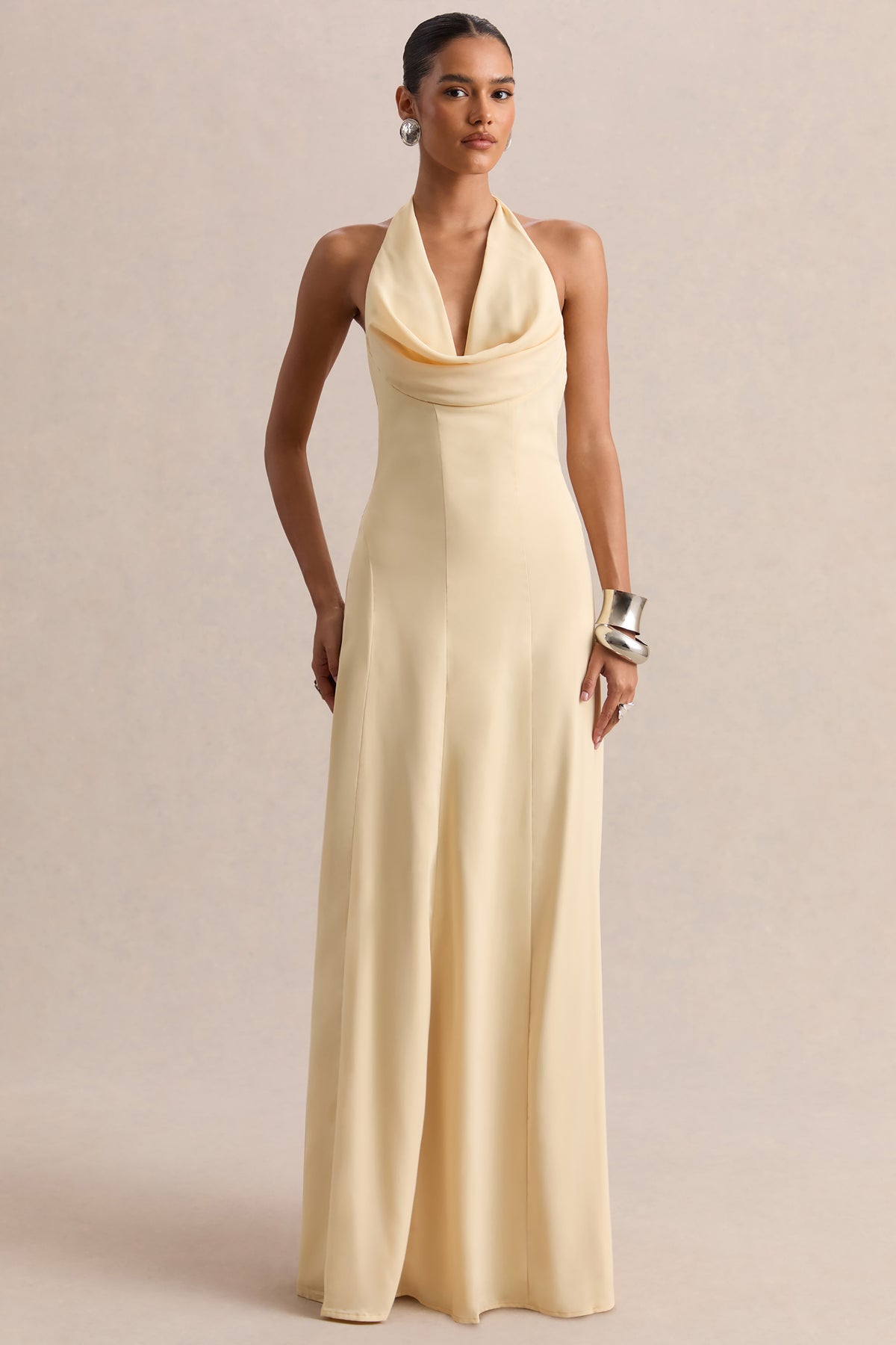 Undeniable Lemon Cowl-Neck Draped Maxi Dress – Club L London