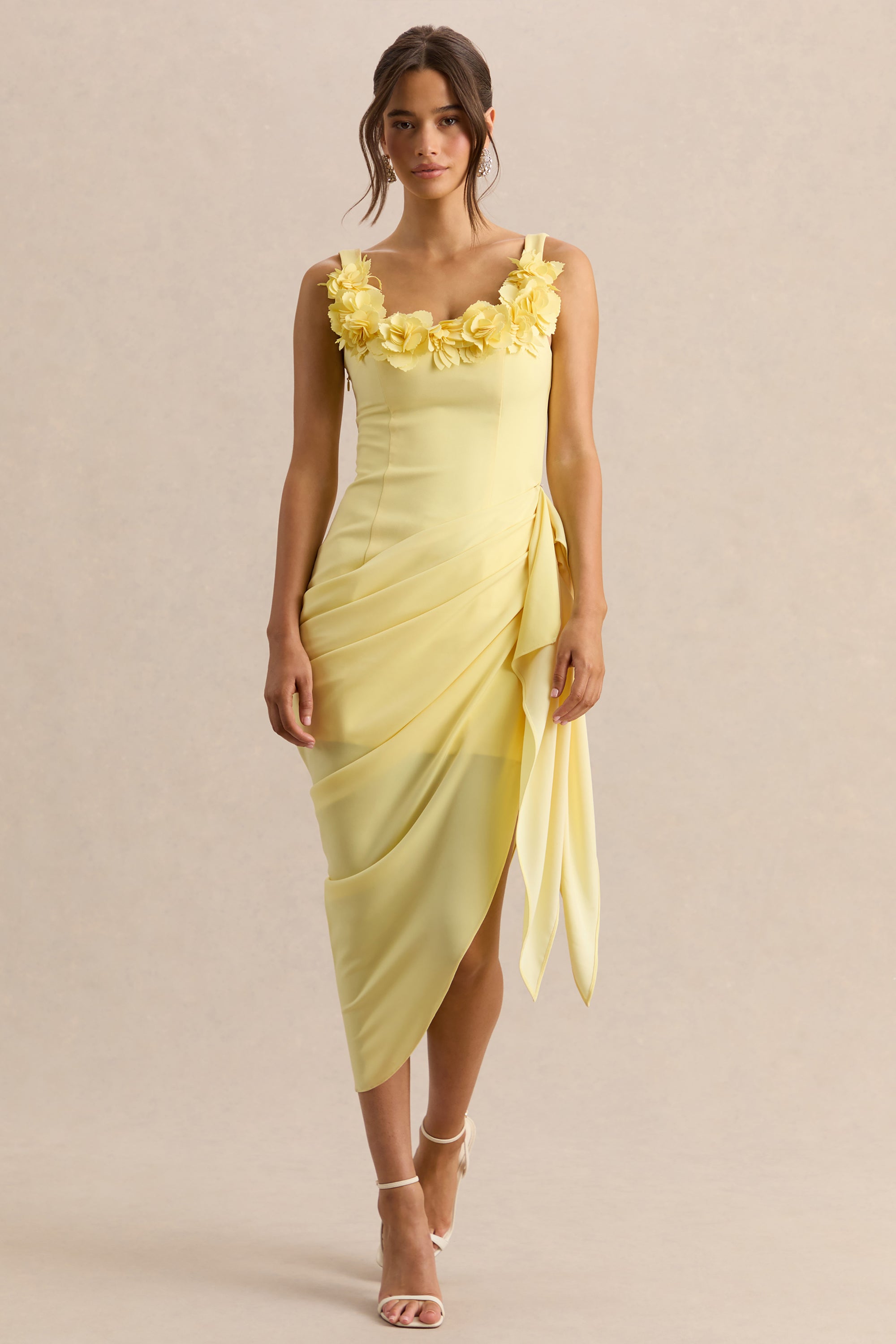 Letitia | Lemon Square-Neck Floral Detailed Wrap Midi Dress – Club L London