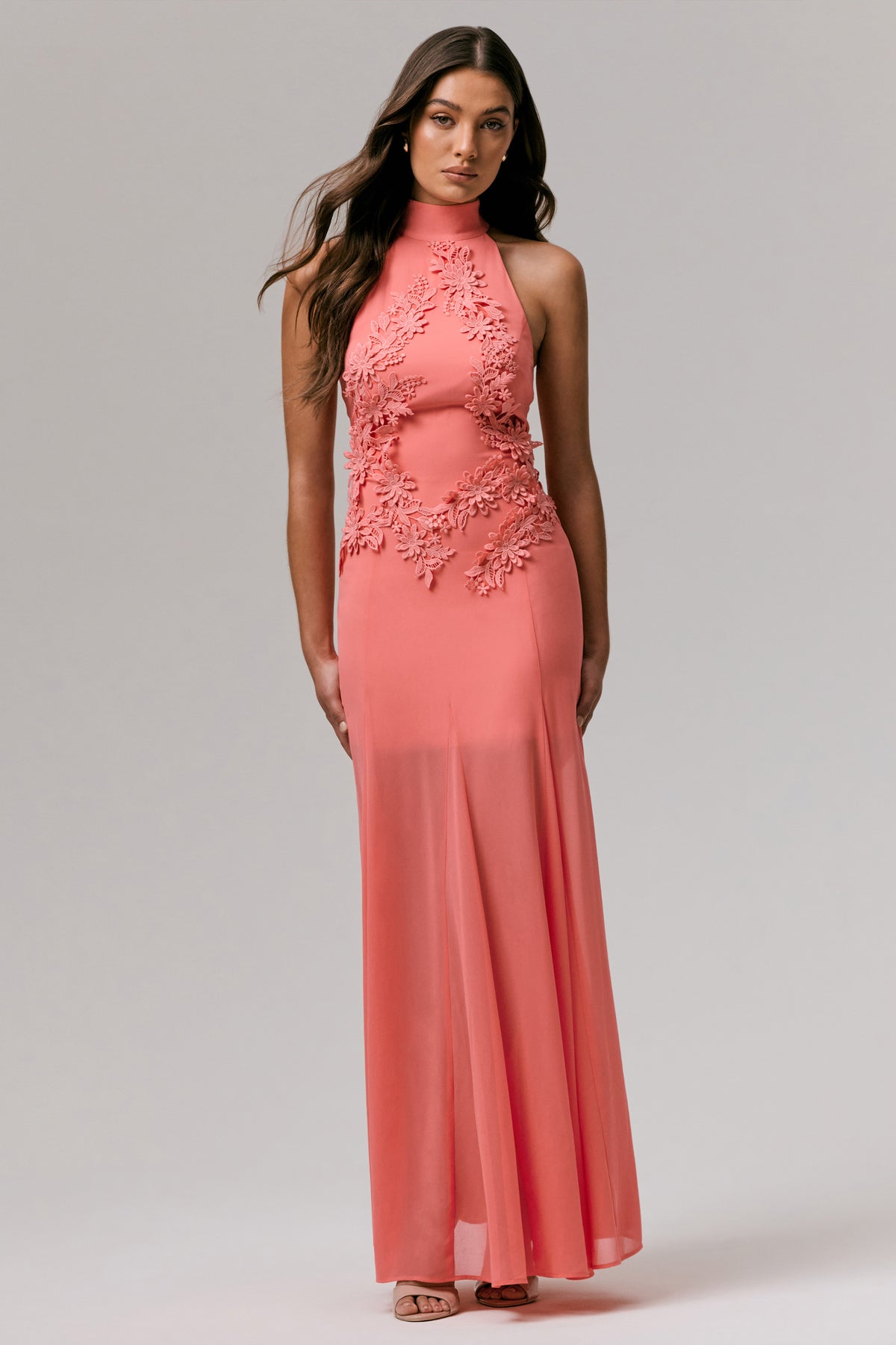 Just Like Magic Coral High-Neck Maxi Dress With Lace Detailing Club L London - UK Just Like Magic Coral High-Neck Maxi Dress With Lace Detailing Club L London - UK
