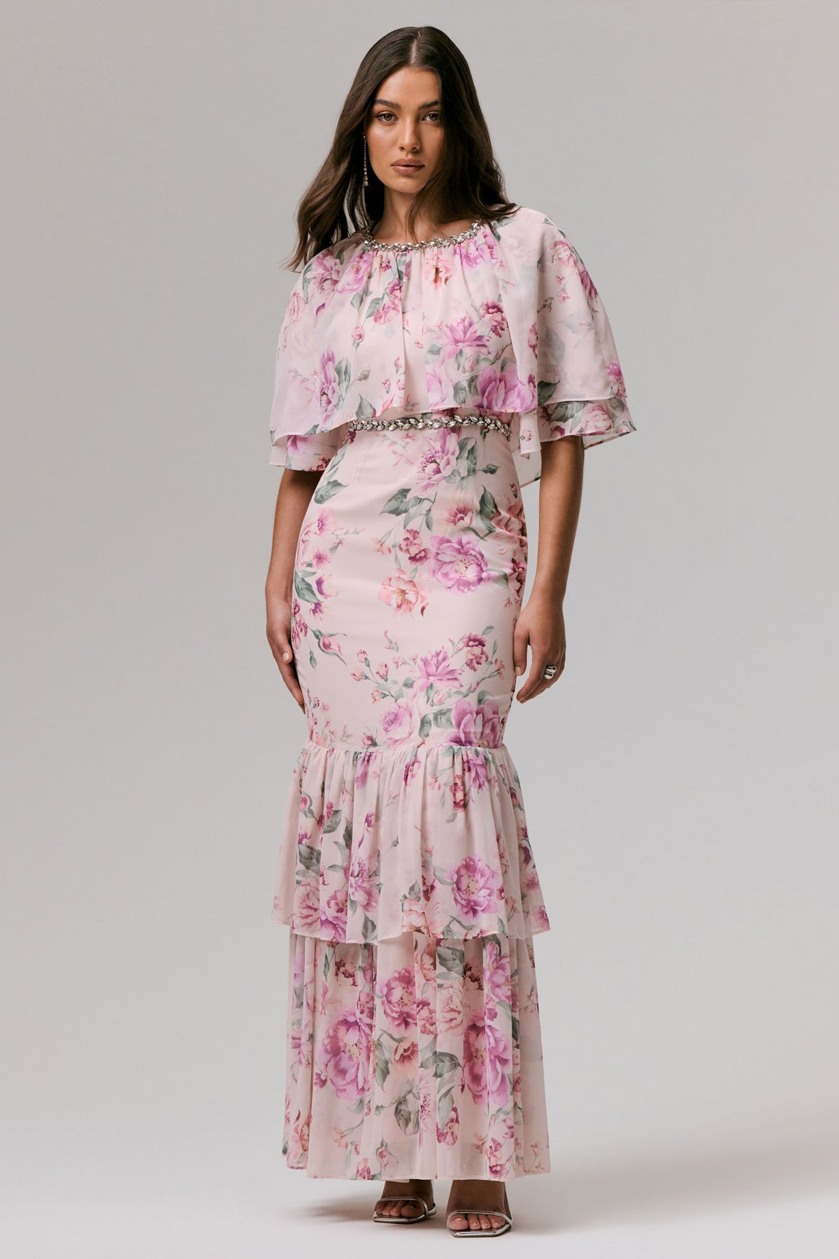 Never Let Go Pink Floral Print Chiffon Maxi Dress With Tiered Hem – Club L  London