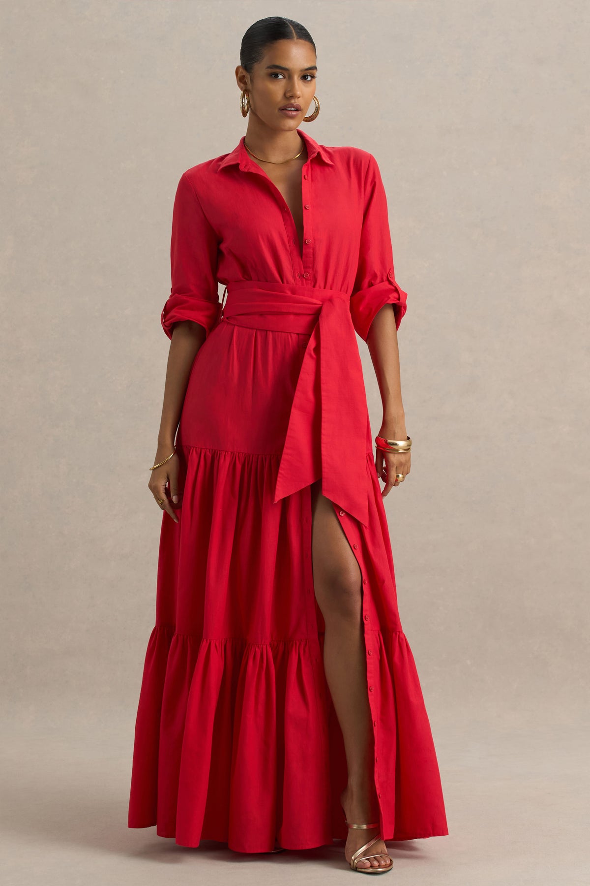 Sydney Red Belted Maxi Shirt Dress – Club L London
